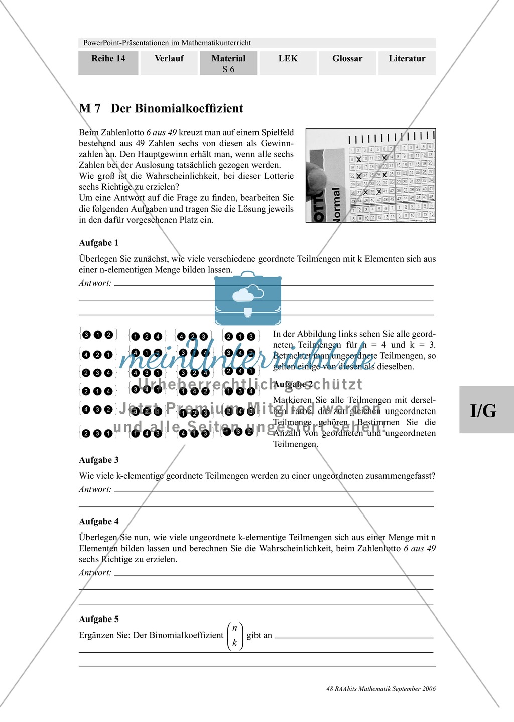 Power-Point-Präsentation und Aufgaben mit Lösungen zum Thema Binomialkoeffizient Preview 1