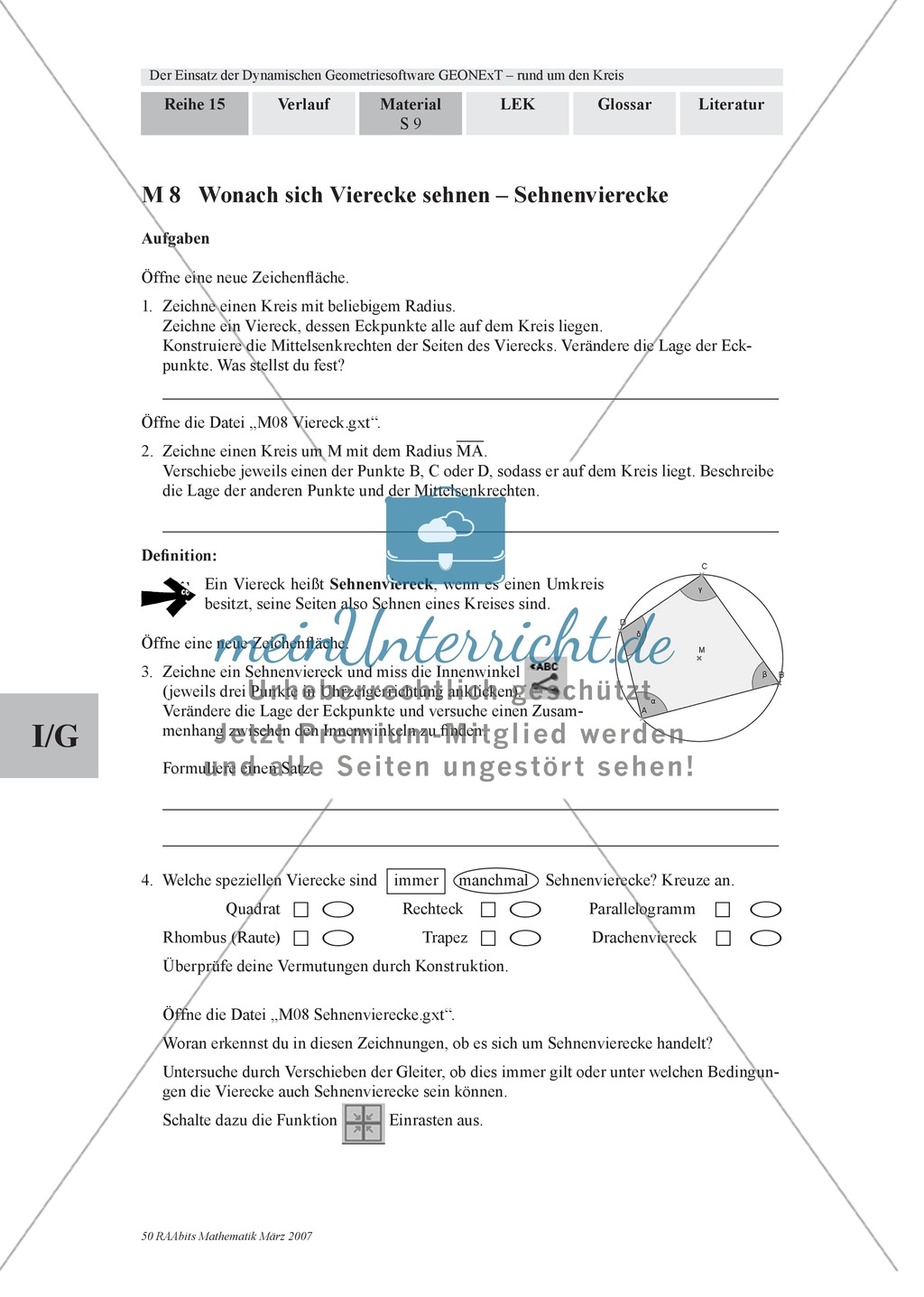 Aufgaben zu Sehnenvierecken, zum Thaleskreis und zur Konstruktion von Tangenten an Kreisen mit der dynamischen Geometriesoftware GEONExT lösen Preview 1