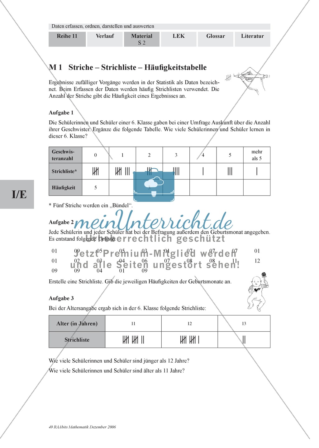 Stochastik: Darstellung von Daten: Strichlisten, Häufigkeitstabellen, Streifendiagramme. Mit Infomaterial, Aufgaben und Lösungen. Preview 1