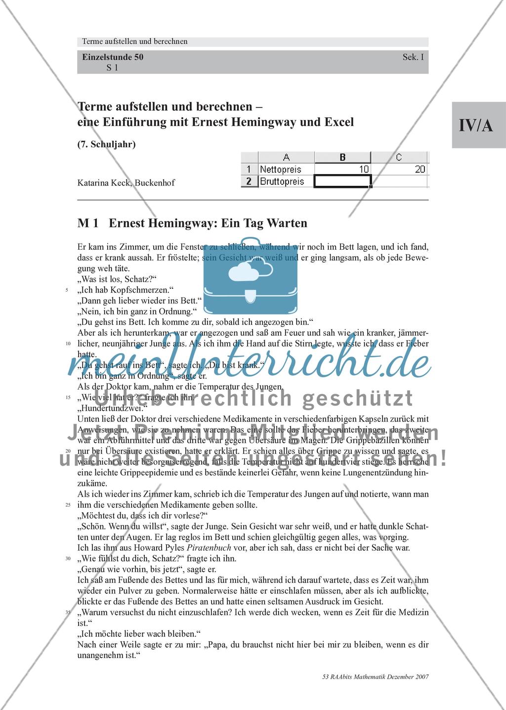 Terme aufstellen und berechnen – eine Einführung mit Ernest Hemingway und Excel Preview 1