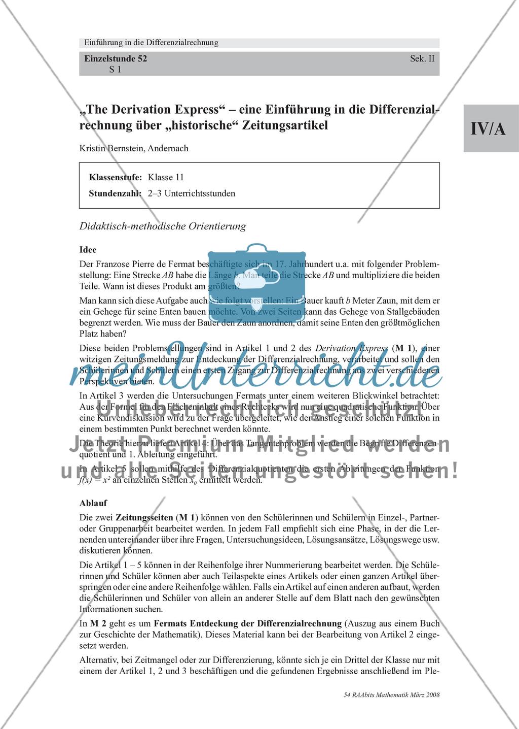 „The Derivation Express“ – eine Einführung in die Differenzialrechnung über „historische“ Zeitungsartikel Preview 1