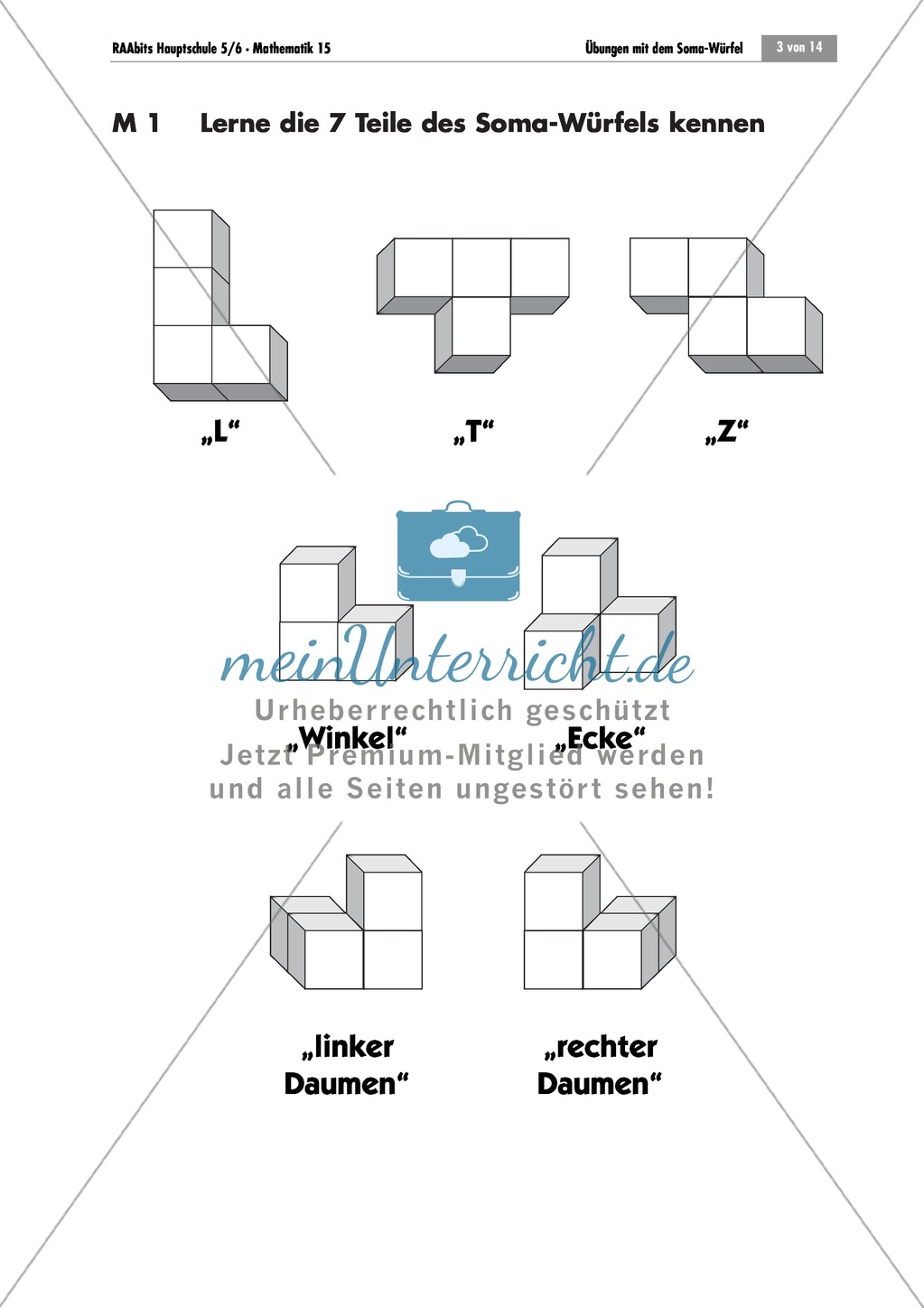 Geometrie: Unterrichtseinheit zur Förderung des räumlichen Vorstellungsvermögens mit dem Soma-Würfel. Mit Aufgabenkarten und Brettspiel. Preview 1