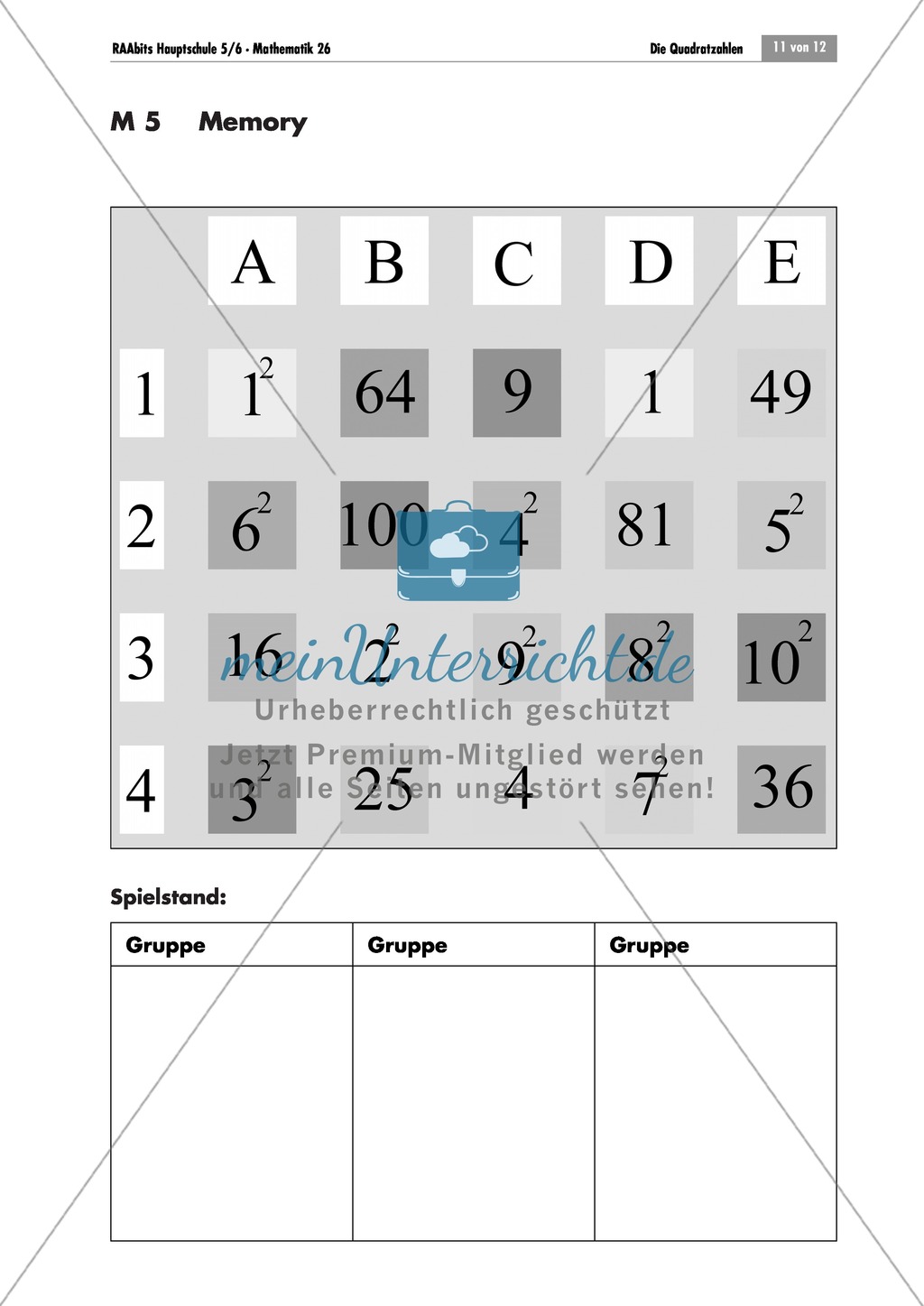 Algebra: Memory mit Abdeckplättchen zu Quadratzahlen. Preview 1