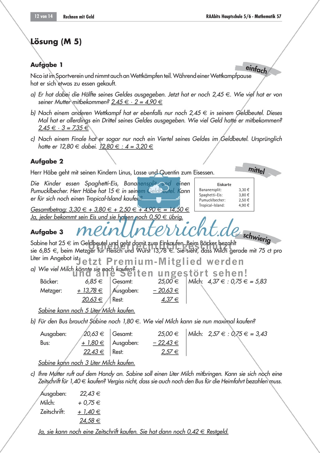 Rechnen mit Geld - Sachaufgaben mit Lösungen. Preview 2