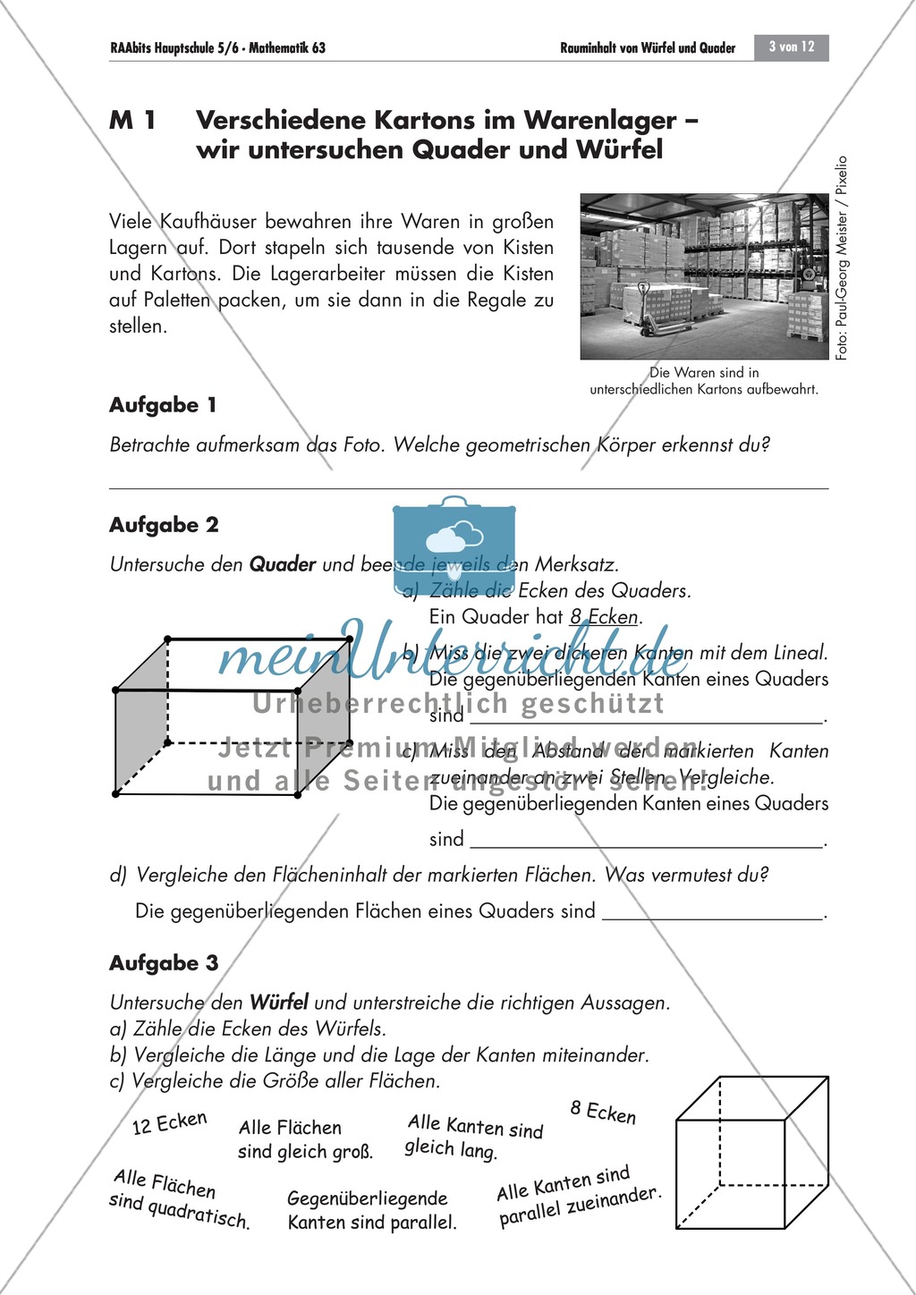 Geometrie: Unterrichtsmaterial zu den Eigenschaften von Würfel und Quader. Mit Aufgaben und Lösungen. Preview 1
