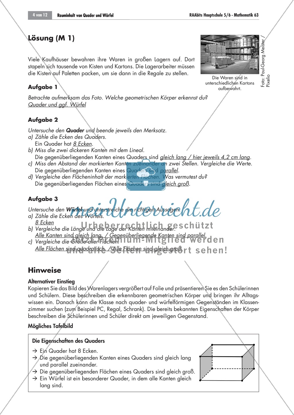 Geometrie: Unterrichtsmaterial zu den Eigenschaften von Würfel und Quader. Mit Aufgaben und Lösungen. Preview 2