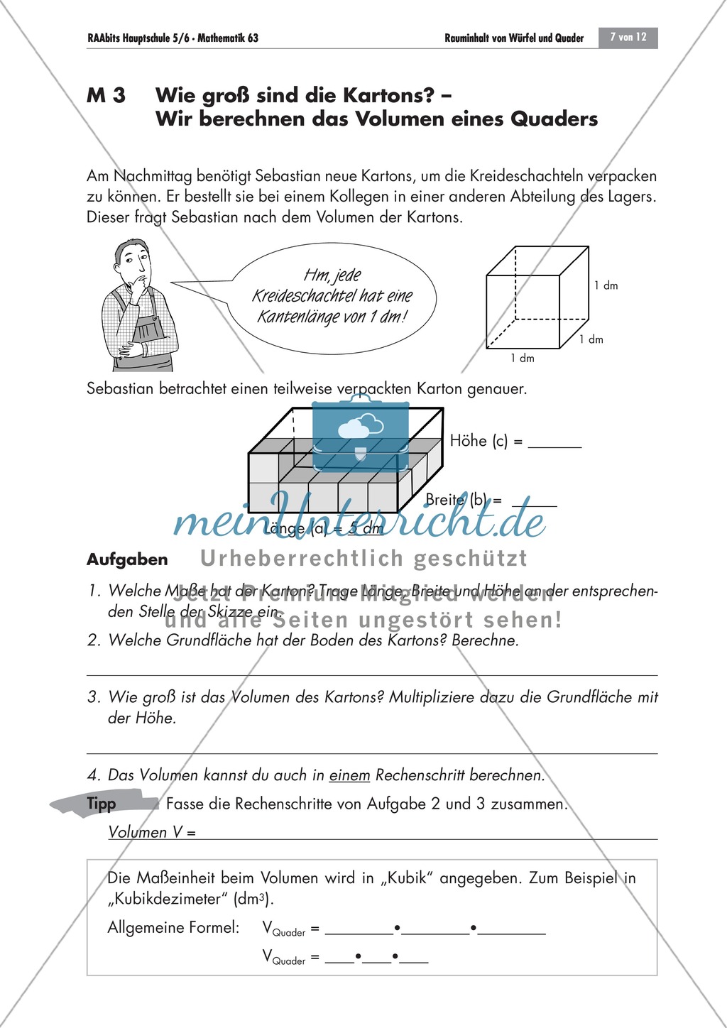 Geometrie: Unterrichtsmaterial zur Berechnung des Volumens von Würfel und Quader. Mit Infomaterial, Aufgaben und Lösungen. Preview 1