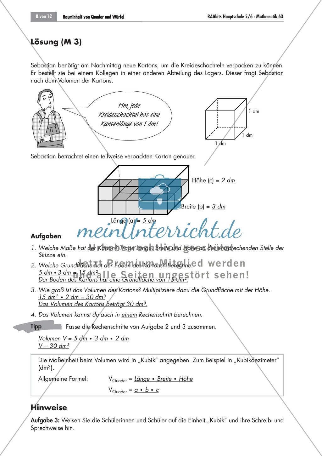 Geometrie: Unterrichtsmaterial zur Berechnung des Volumens von Würfel und Quader. Mit Infomaterial, Aufgaben und Lösungen. Preview 2