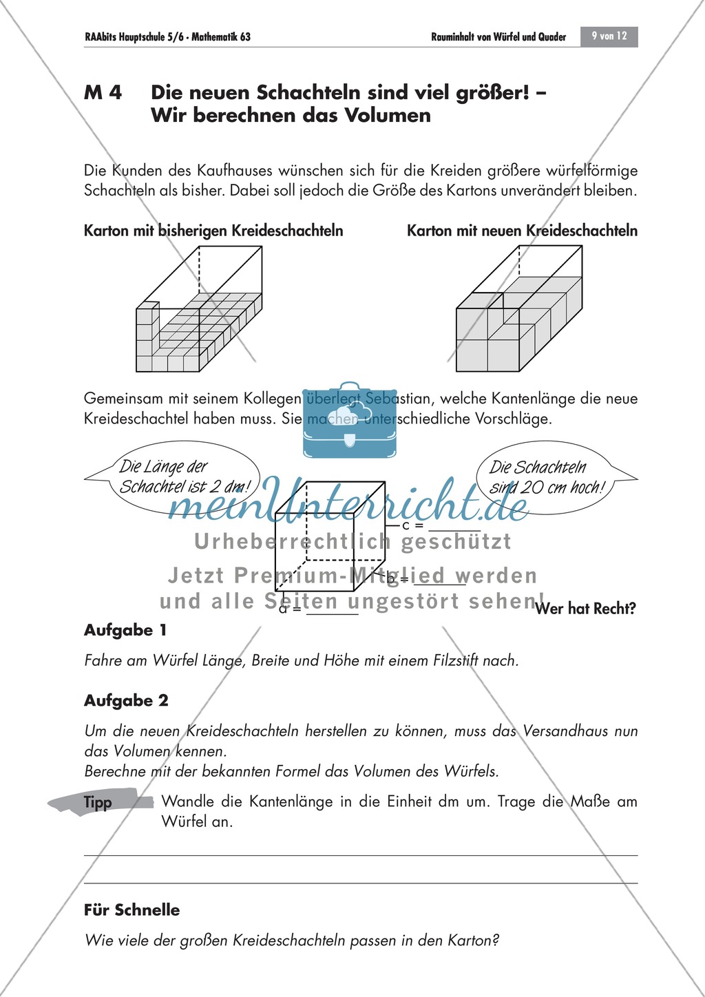 Geometrie: Unterrichtsmaterial zur Berechnung des Volumens von Würfel und Quader. Mit Infomaterial, Aufgaben und Lösungen. Preview 3