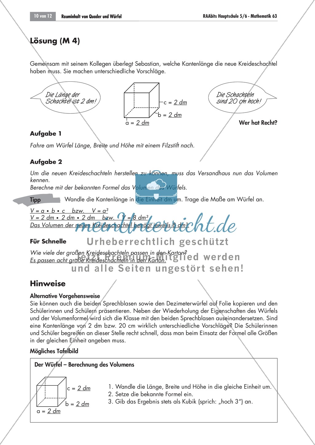 Geometrie: Unterrichtsmaterial zur Berechnung des Volumens von Würfel und Quader. Mit Infomaterial, Aufgaben und Lösungen. Preview 4