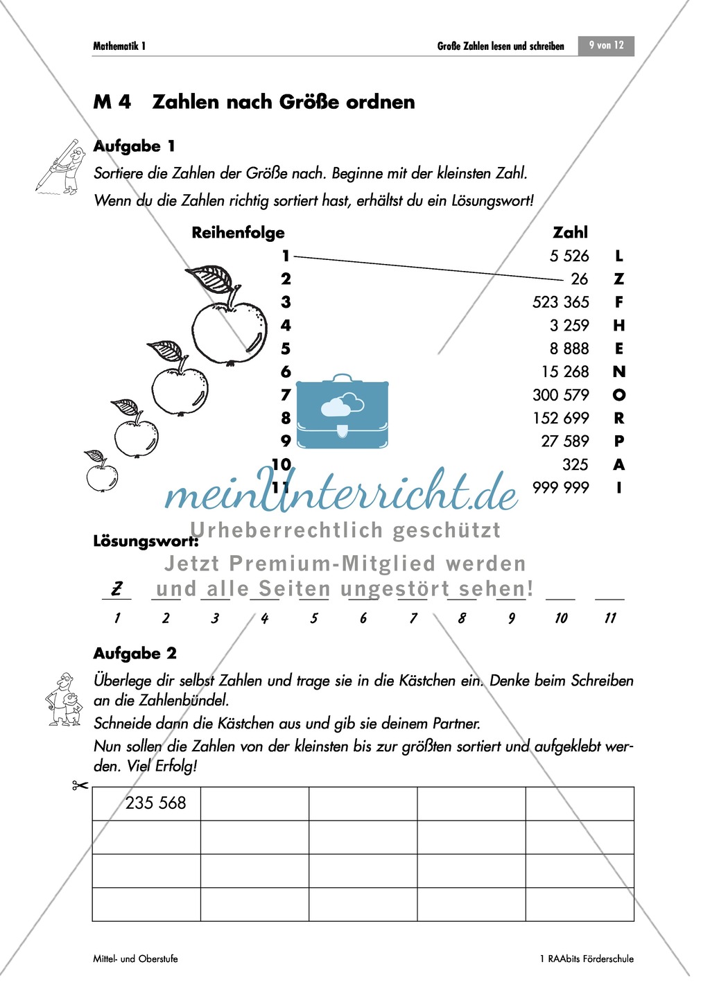 Arithmetik: Zahlen bis 1.000.000 der Größe nach Ordnen. Mit Aufgaben und Lösungen. Preview 1