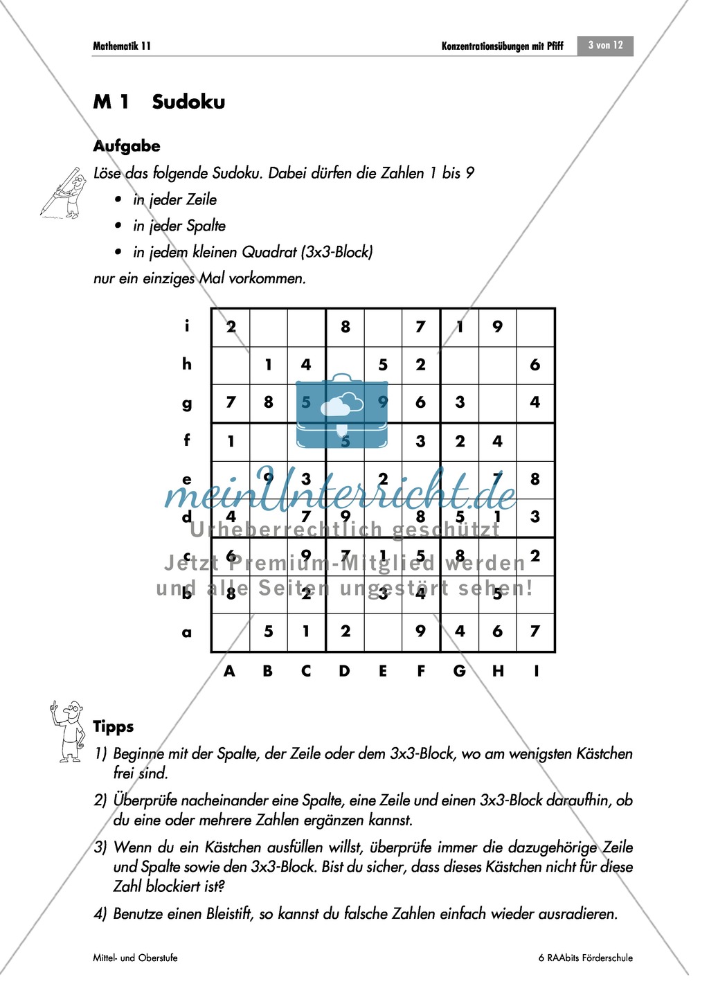 Konzentrationsübungen für den Matheunterricht: Sodoku, Rechenprogramm, Zahlenreihen, Bruchrechnen mit den Hauptstädten deutscher Bundesländer und Geheimbotschaften. Mit Lösungen. Preview 1