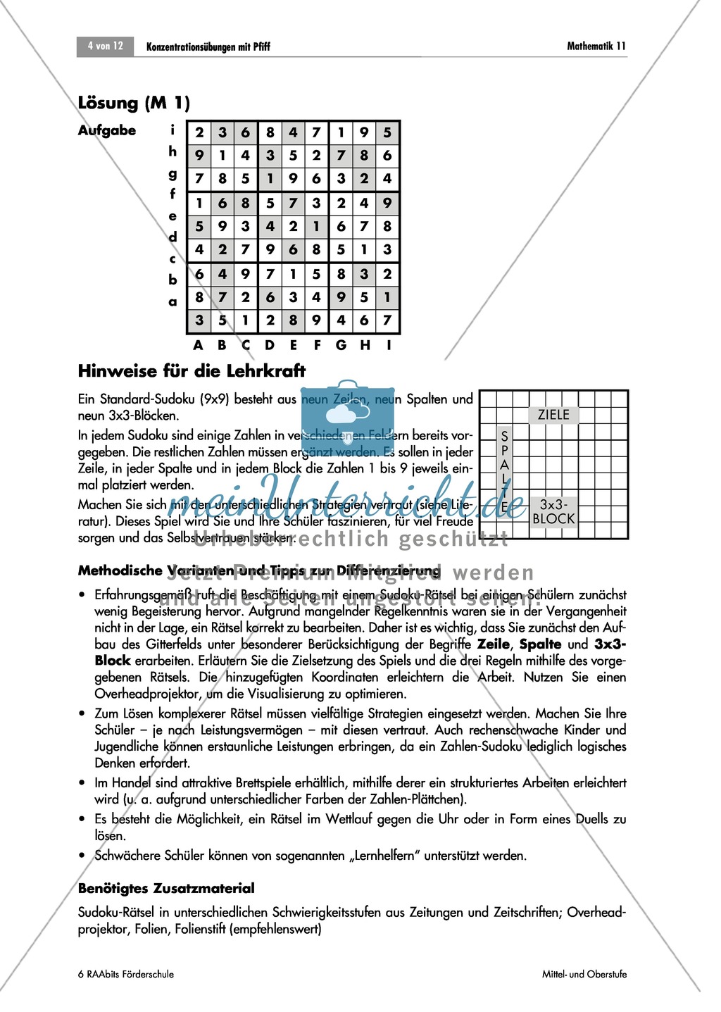 Konzentrationsübungen für den Matheunterricht: Sodoku, Rechenprogramm, Zahlenreihen, Bruchrechnen mit den Hauptstädten deutscher Bundesländer und Geheimbotschaften. Mit Lösungen. Preview 2