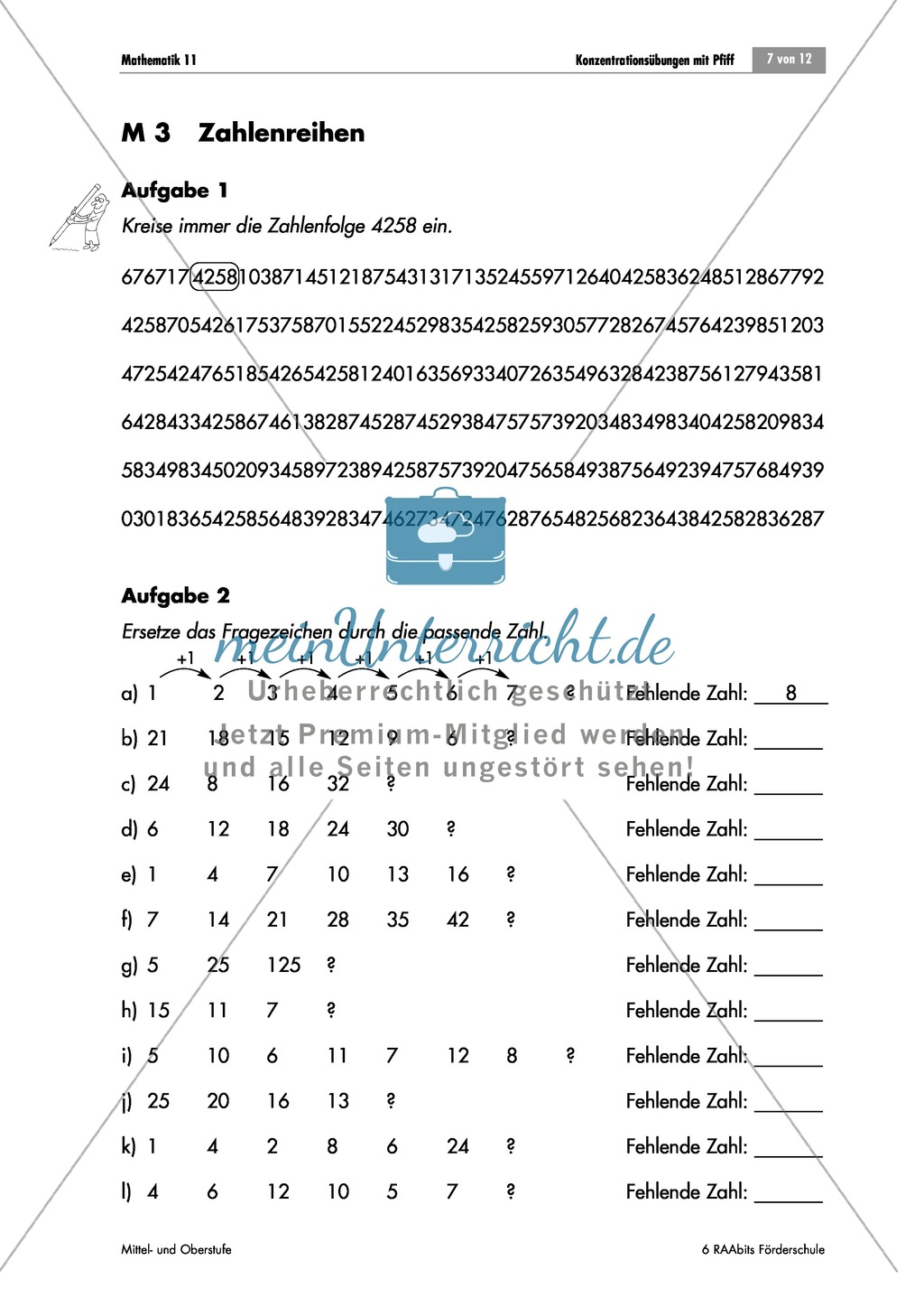 Konzentrationsübungen für den Matheunterricht: Sodoku, Rechenprogramm, Zahlenreihen, Bruchrechnen mit den Hauptstädten deutscher Bundesländer und Geheimbotschaften. Mit Lösungen. Preview 5