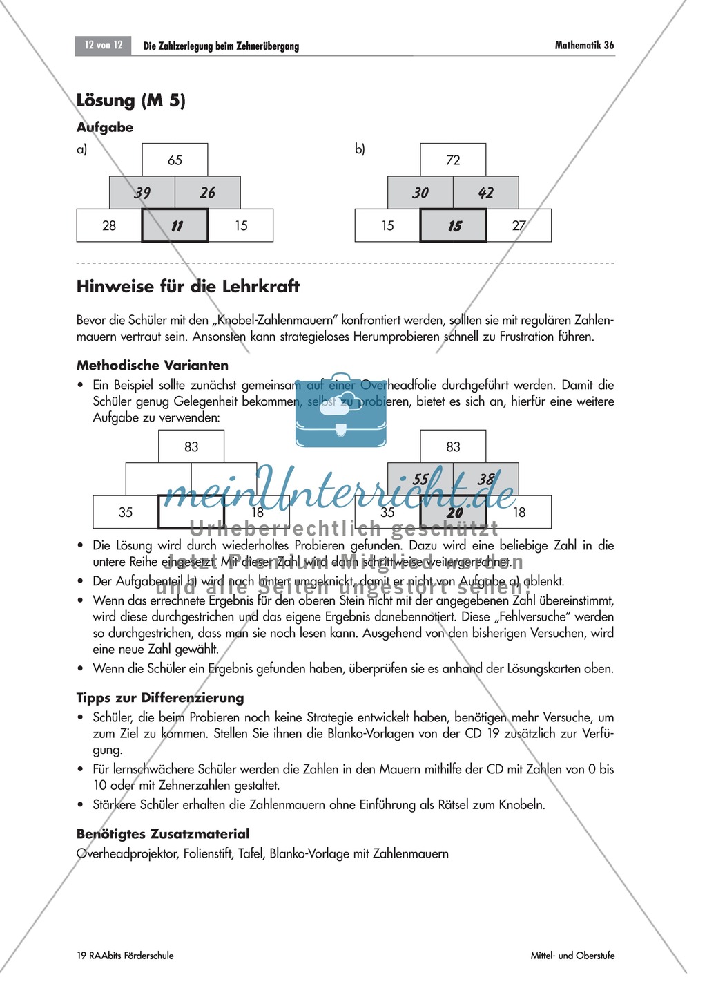 Übung zur Zahlzerlegung beim Zehnerübergang: Zahlenmauern Preview 2