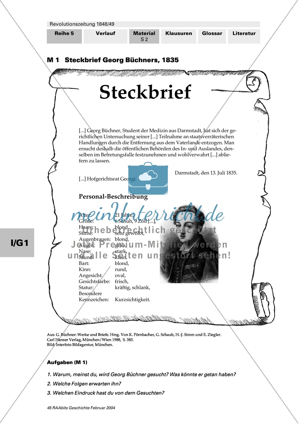 Revolutionszeitung 1848/49 erstellen: Steckbrief Georg Büchner + Quellen zum Leben von Georg Büchner + Georg Büchner: