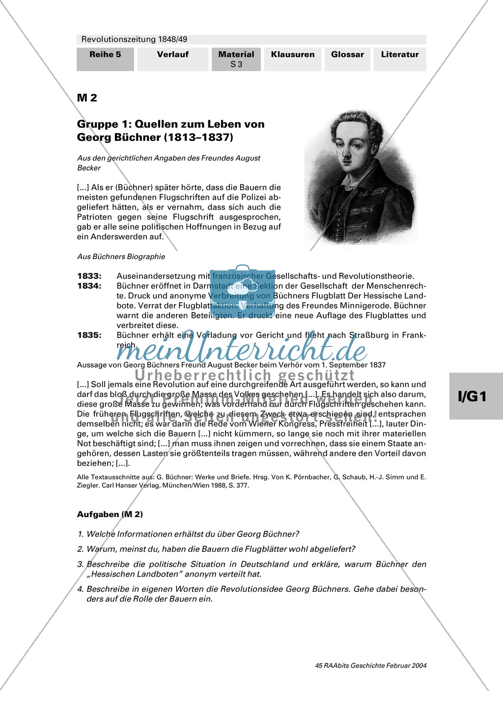 Revolutionszeitung 1848/49 erstellen: Steckbrief Georg Büchner + Quellen zum Leben von Georg Büchner + Georg Büchner: