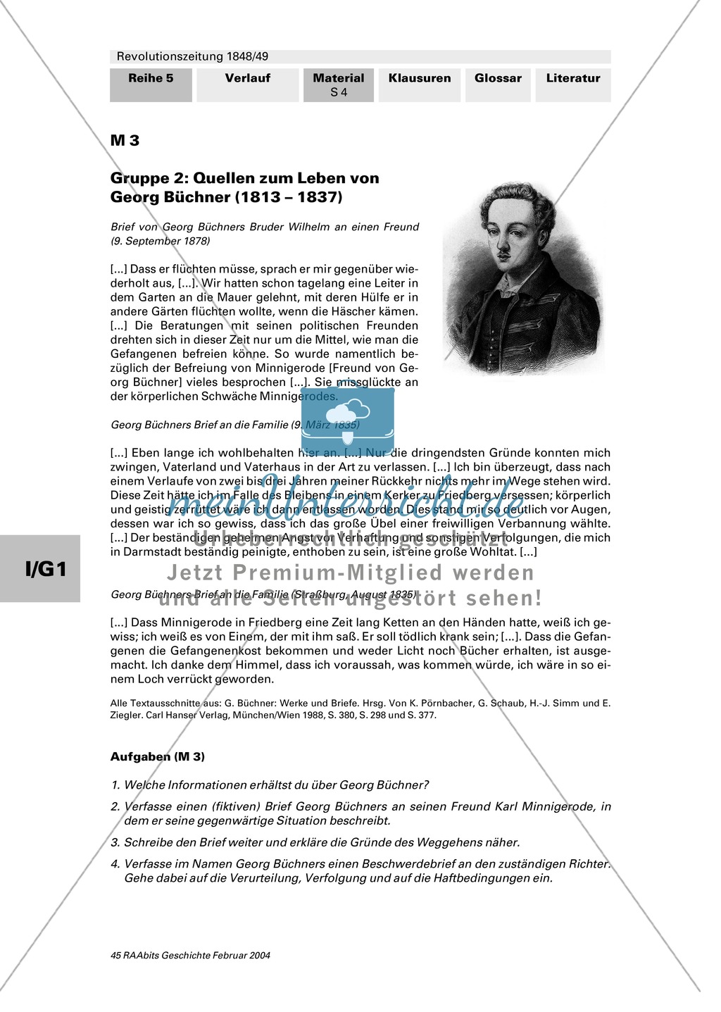 Revolutionszeitung 1848/49 erstellen: Steckbrief Georg Büchner + Quellen zum Leben von Georg Büchner + Georg Büchner: