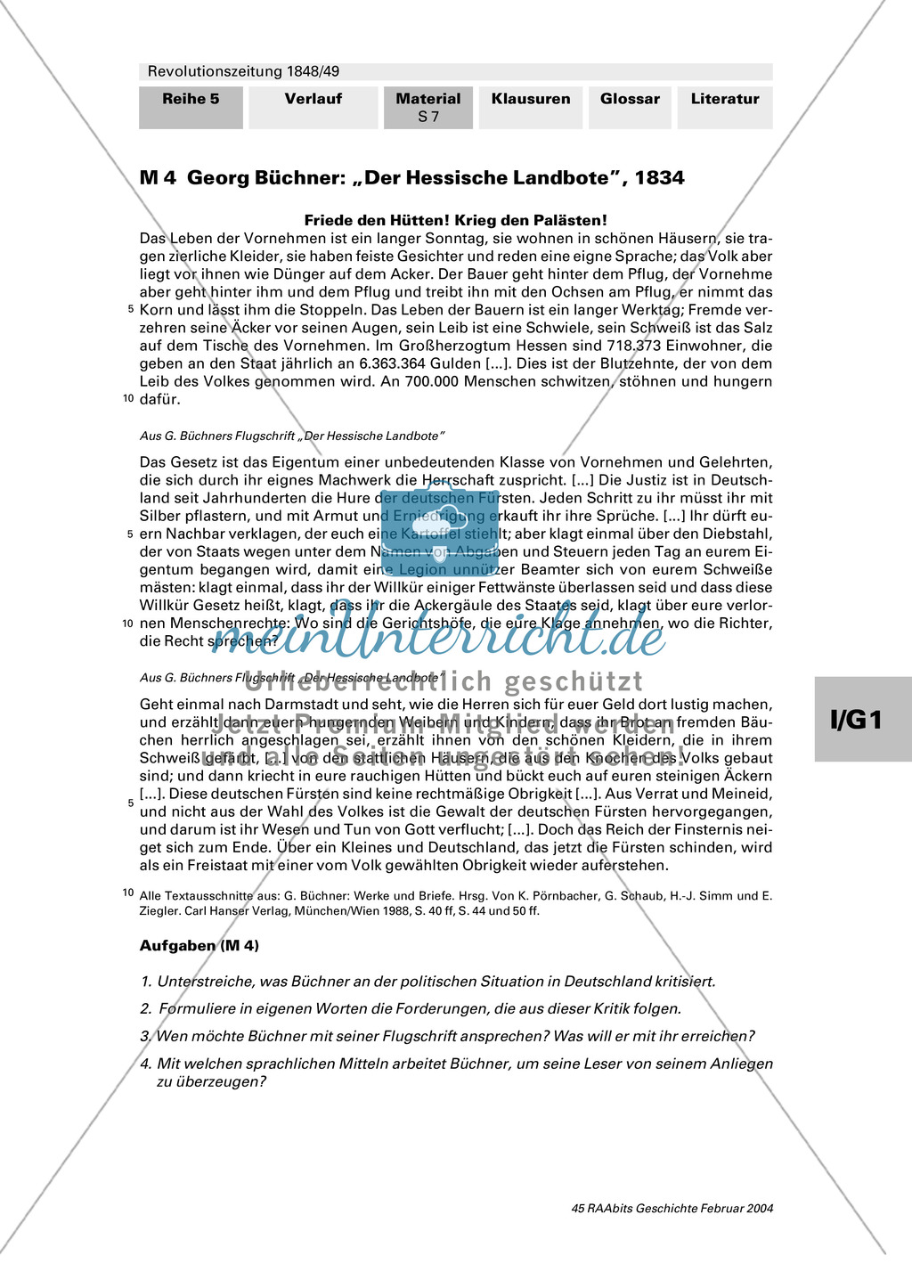 Revolutionszeitung 1848/49 erstellen: Steckbrief Georg Büchner + Quellen zum Leben von Georg Büchner + Georg Büchner: