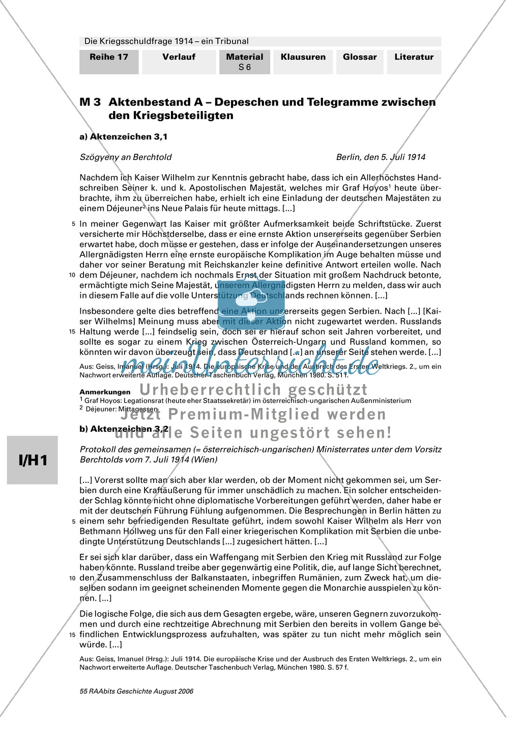 Die Kriegsschuldfrage 1914 - ein Tribunal: Vorbereitung des Rollenspiels mithilfe von Quellen (Depeschen, Telegramme, Dossiers) + Einbettung in den historischen Kontext Preview 2
