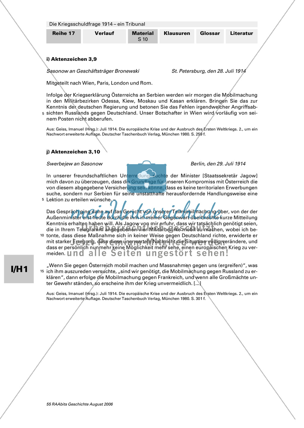 Die Kriegsschuldfrage 1914 - ein Tribunal: Vorbereitung des Rollenspiels mithilfe von Quellen (Depeschen, Telegramme, Dossiers) + Einbettung in den historischen Kontext Preview 6