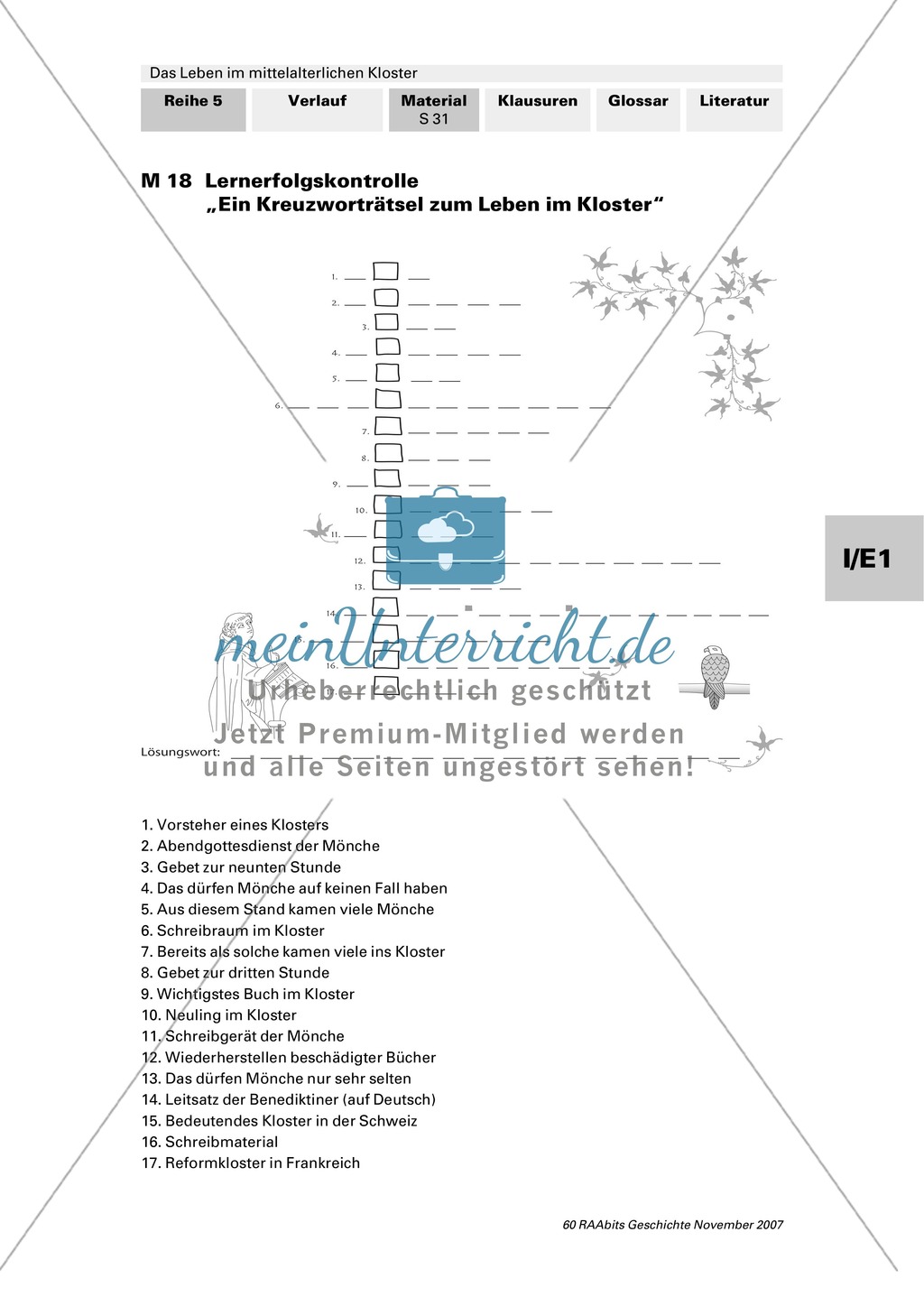 Kreuzworträtsel oder Lernerfolgskontrolle zum Leben eines Mönchs im Kloster des Mittelalters Preview 1