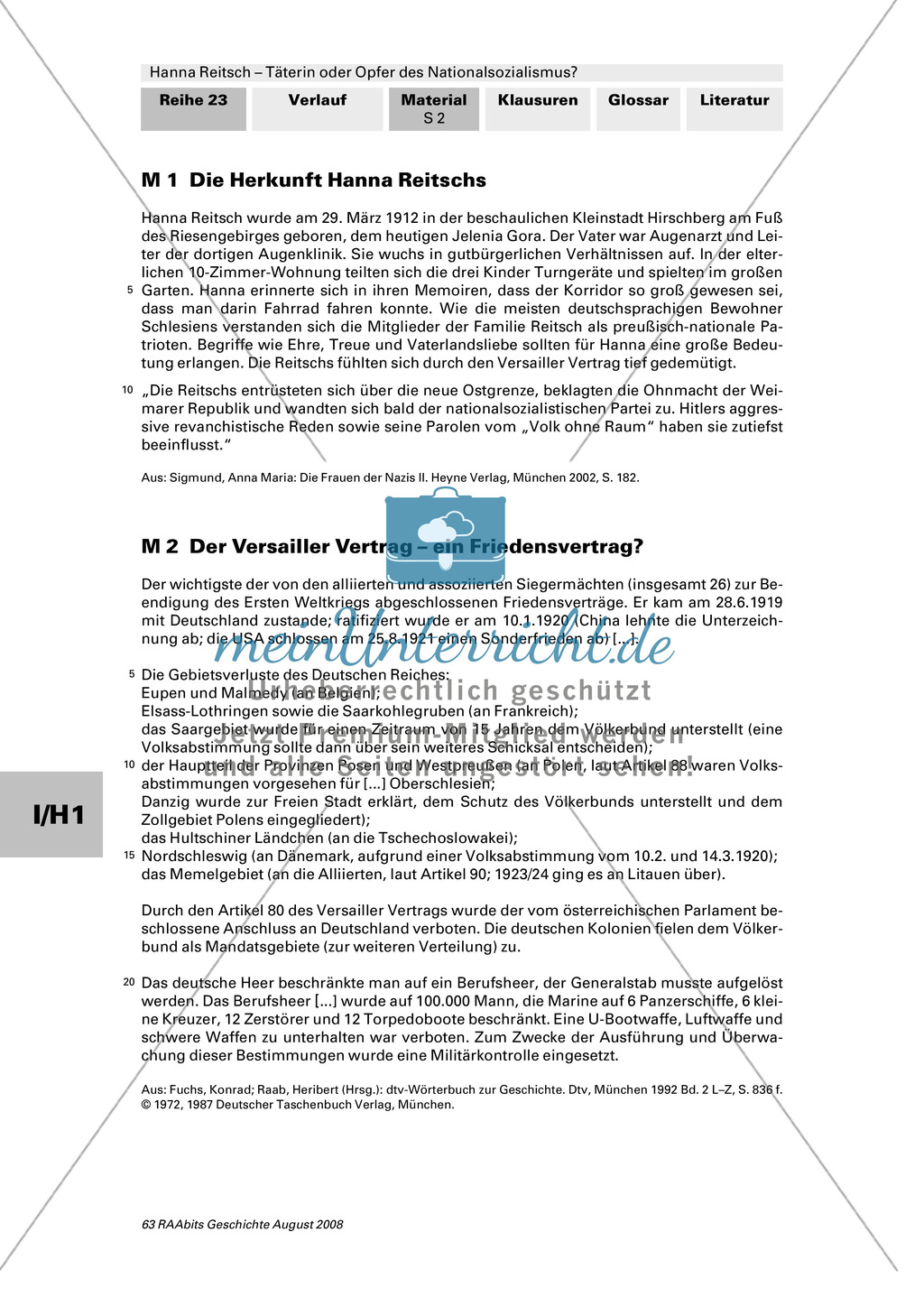 Text: Herkunft Hanna Reitsch + Text: Der Versailler Vertrag + Karte: Weimarer Rupublik 1918-1933 + Text: Erklärung Revanchismus + Textausschnitt: Hanna Reitsch: