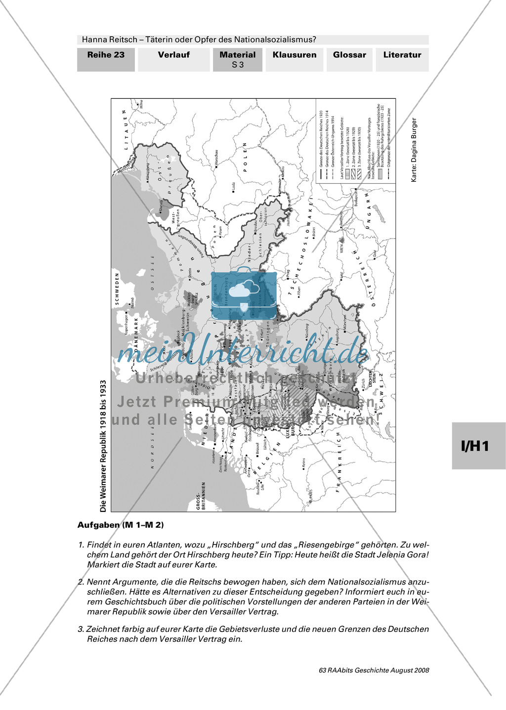 Text: Herkunft Hanna Reitsch + Text: Der Versailler Vertrag + Karte: Weimarer Rupublik 1918-1933 + Text: Erklärung Revanchismus + Textausschnitt: Hanna Reitsch: