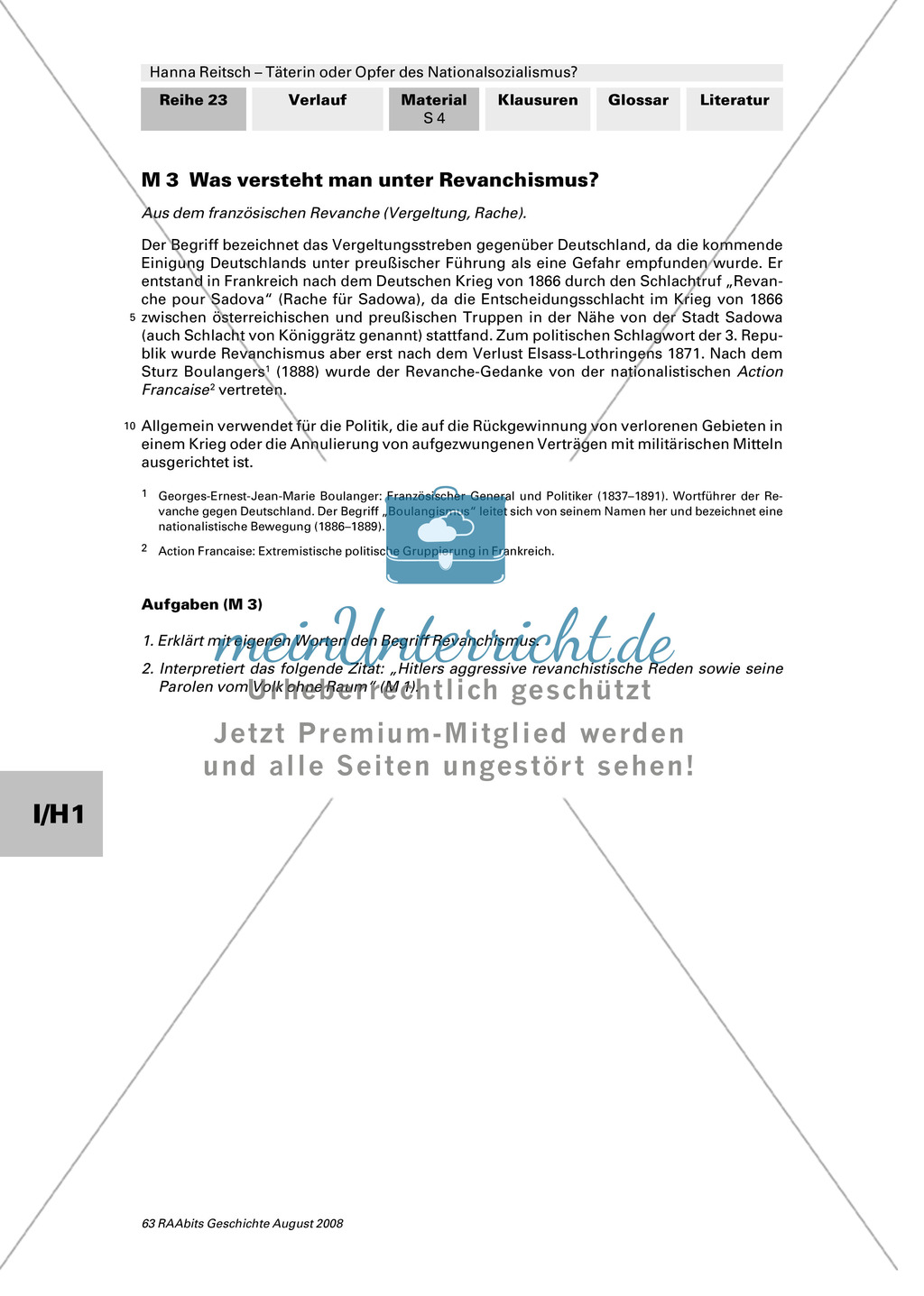 Text: Herkunft Hanna Reitsch + Text: Der Versailler Vertrag + Karte: Weimarer Rupublik 1918-1933 + Text: Erklärung Revanchismus + Textausschnitt: Hanna Reitsch:
