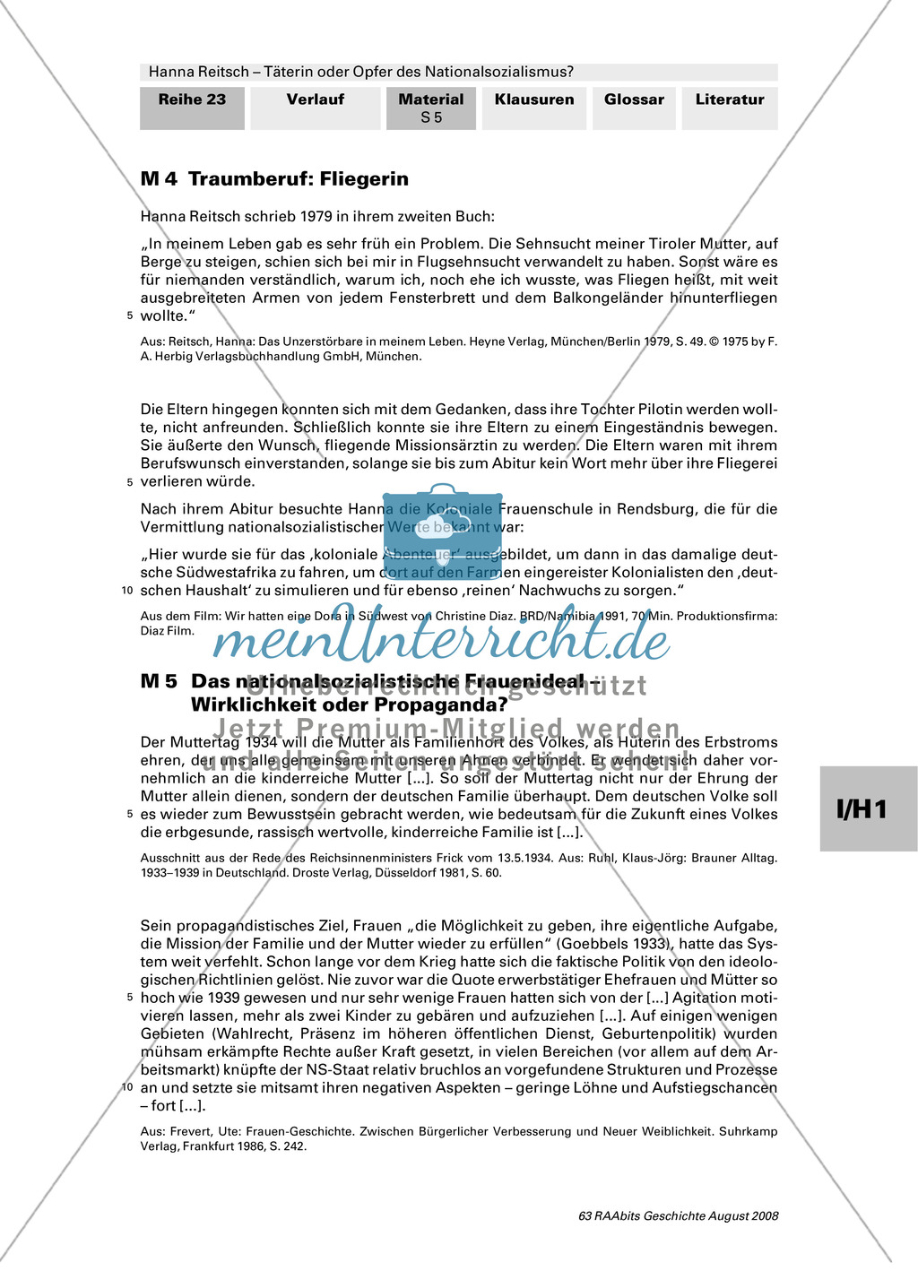 Text: Herkunft Hanna Reitsch + Text: Der Versailler Vertrag + Karte: Weimarer Rupublik 1918-1933 + Text: Erklärung Revanchismus + Textausschnitt: Hanna Reitsch:
