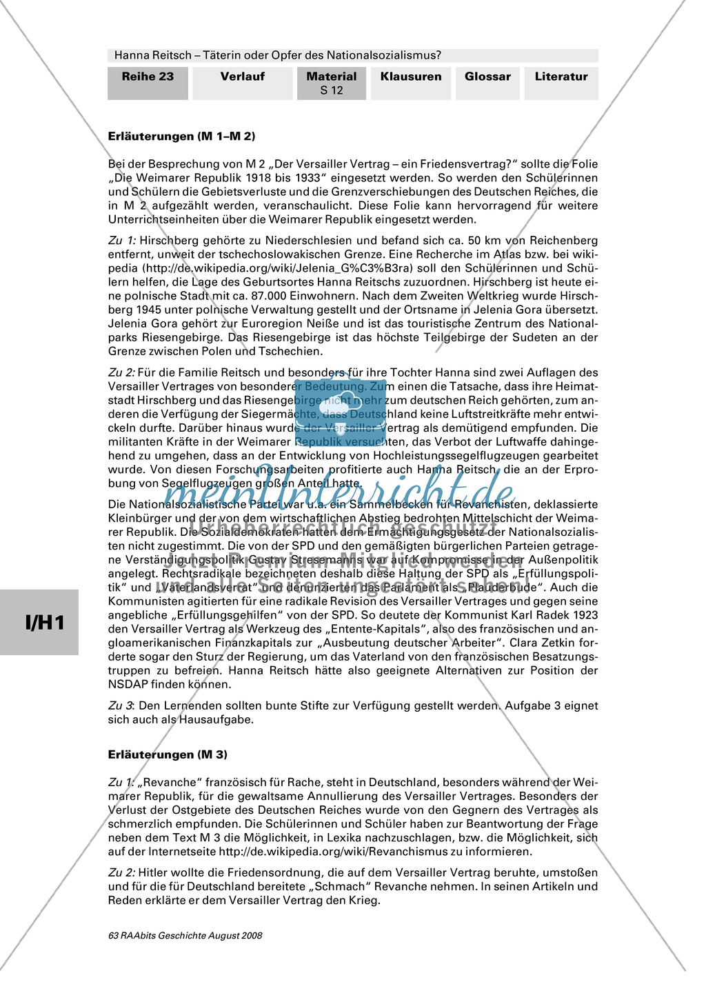 Text: Herkunft Hanna Reitsch + Text: Der Versailler Vertrag + Karte: Weimarer Rupublik 1918-1933 + Text: Erklärung Revanchismus + Textausschnitt: Hanna Reitsch: