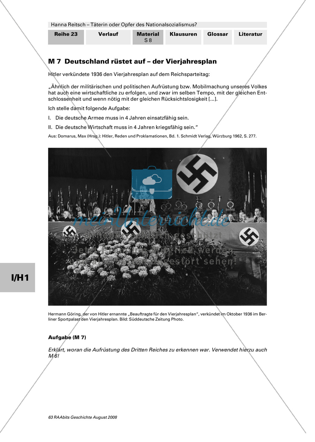 Texte zu Hanna Reitschs untypischer Frauenkarriere + Text und Bild: Der Vierjahresplan + Text: Der Einsatz von Hanna Reitsch als Militärfliegerin + Texte und Diskussion: war Hanna Reitsch Täterin oder Opfer? Preview 1