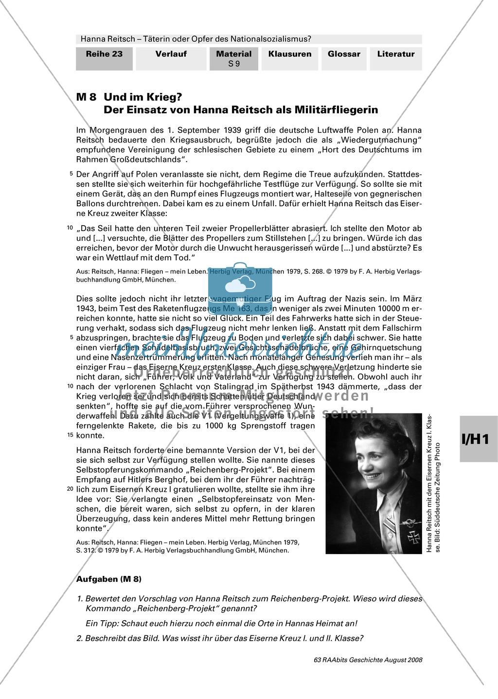 Texte zu Hanna Reitschs untypischer Frauenkarriere + Text und Bild: Der Vierjahresplan + Text: Der Einsatz von Hanna Reitsch als Militärfliegerin + Texte und Diskussion: war Hanna Reitsch Täterin oder Opfer? Preview 2