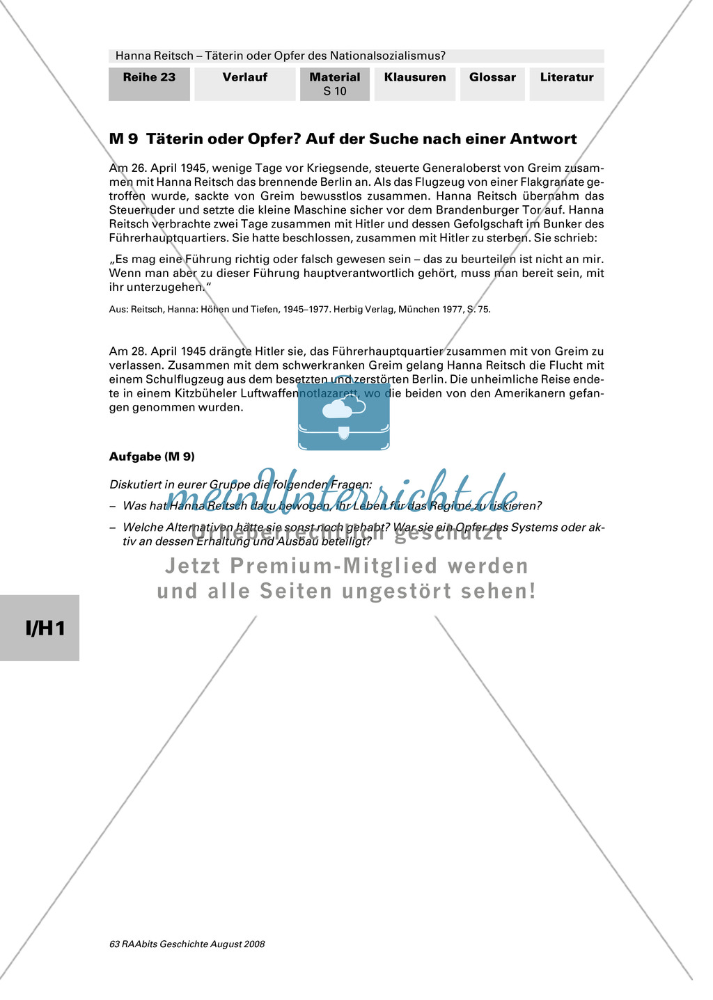 Texte zu Hanna Reitschs untypischer Frauenkarriere + Text und Bild: Der Vierjahresplan + Text: Der Einsatz von Hanna Reitsch als Militärfliegerin + Texte und Diskussion: war Hanna Reitsch Täterin oder Opfer? Preview 3
