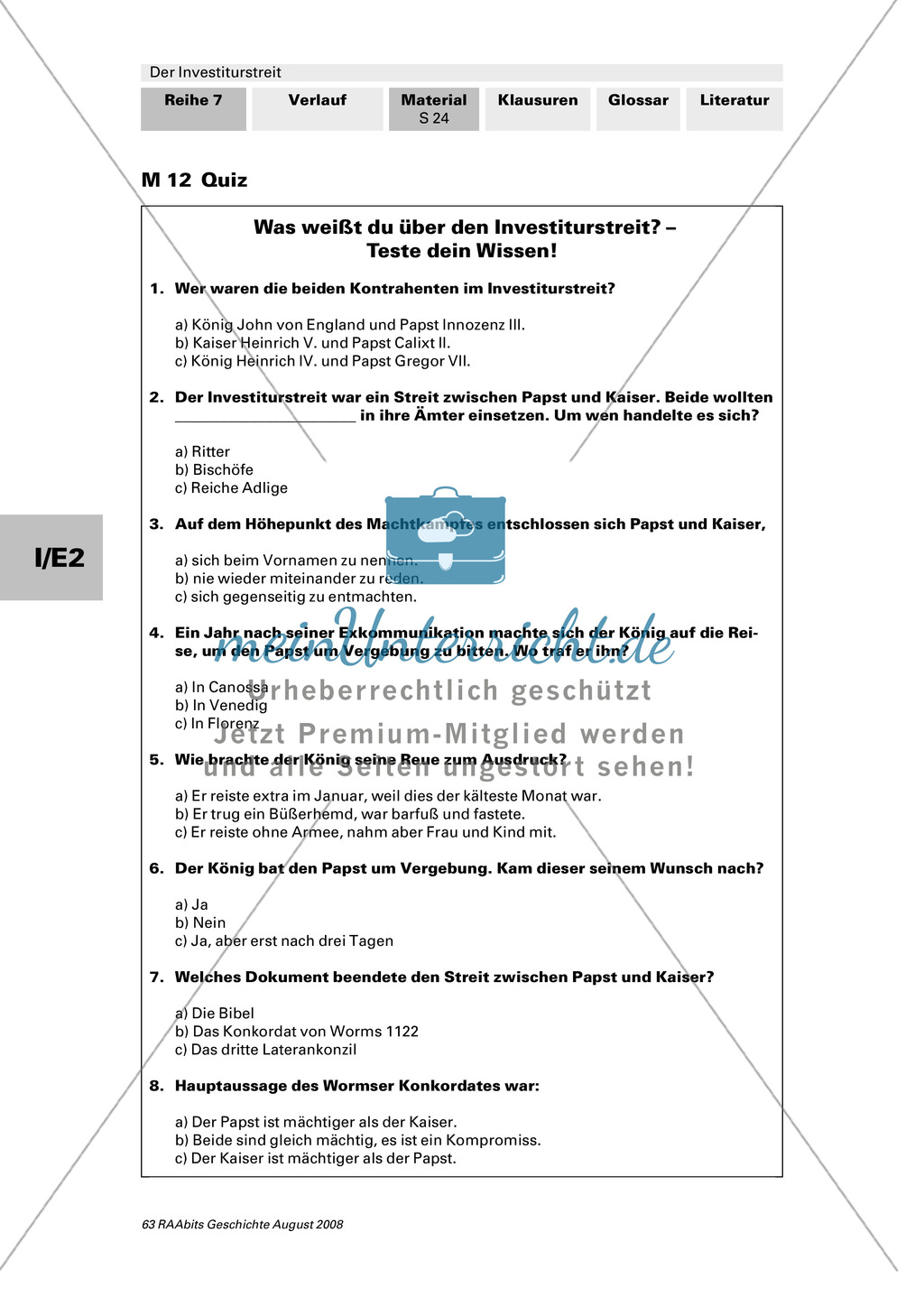 Der Investiturstreit: Lernerfolgskontrolle in Form eines Rollenspiels und eines Quiz Preview 3
