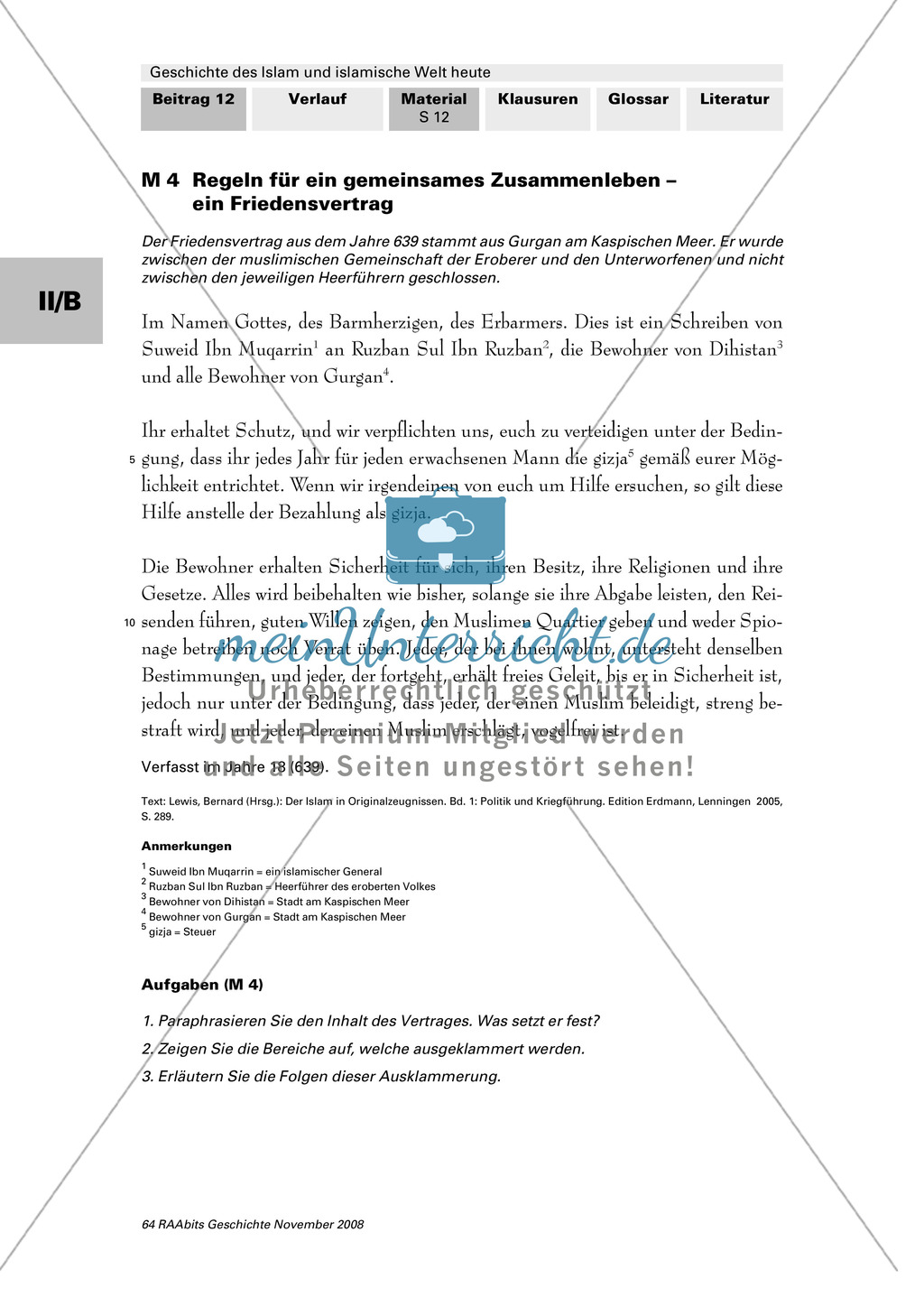 Geschichte des Islam und islamische Welt heute: Die Blütezeit der islamischarabischen Kultur: Karte: Ausbreitung des Islam zwischen 622 und 720 + Friedensvertrag von 639 zwischen muslimischen Eroberern und Unterworfenen aus Gurgan + arabischer Arzt über f Preview 4