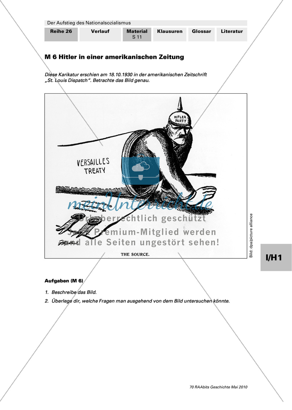 Der Aufstieg des Nationalsozialismus in der Weimarer Republik: Karikatur: Hitler und Versailler Vertrag in amerikanischer Zeitschrift + Text: Der Versailler Vertrag + Plakat: Rechte Parteien gegen den Young-Plan Preview 1