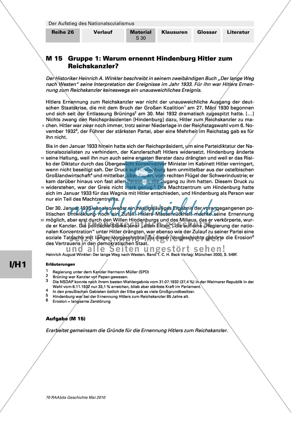 Der Aufstieg des Nationalsozialismus in der Weimarer Republik: Gruppenarbeit: Warum ernennt Hindenburg Hitler zum Reichskanzler?: Texte von Heinrich A. Winkler und Wolfram Pyta + Eingabe an Hindenburg gegen Einberufung Hitlers Preview 1