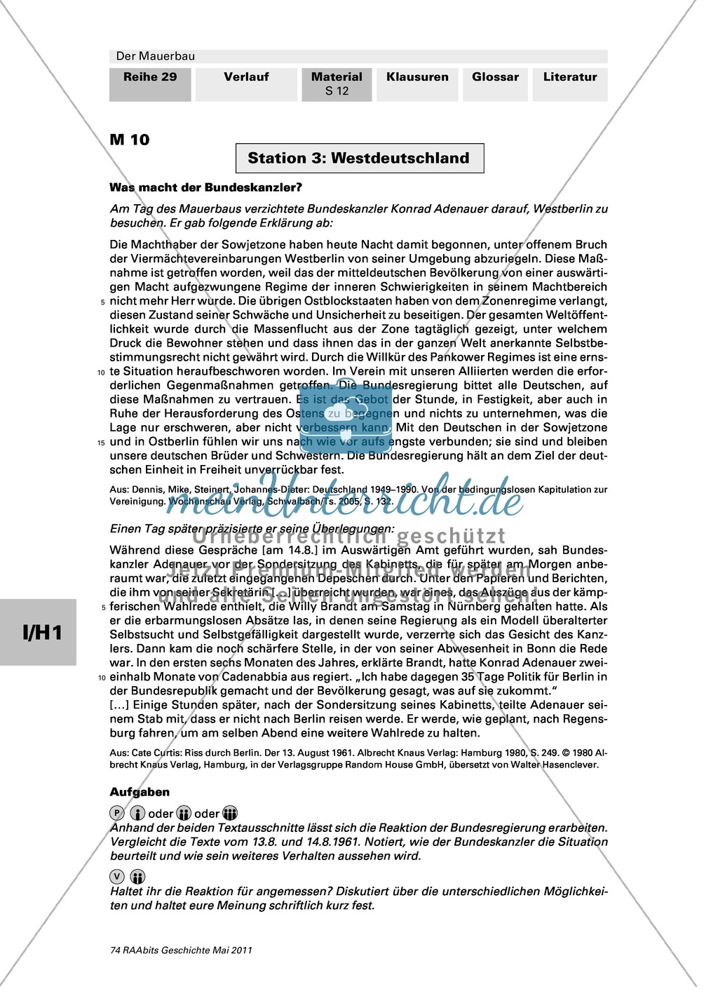 Stationenarbeit zum Mauerbau: Westdeutschland: Text: Erklärung von Konrad Adenauer zum Mauerbau Preview 1
