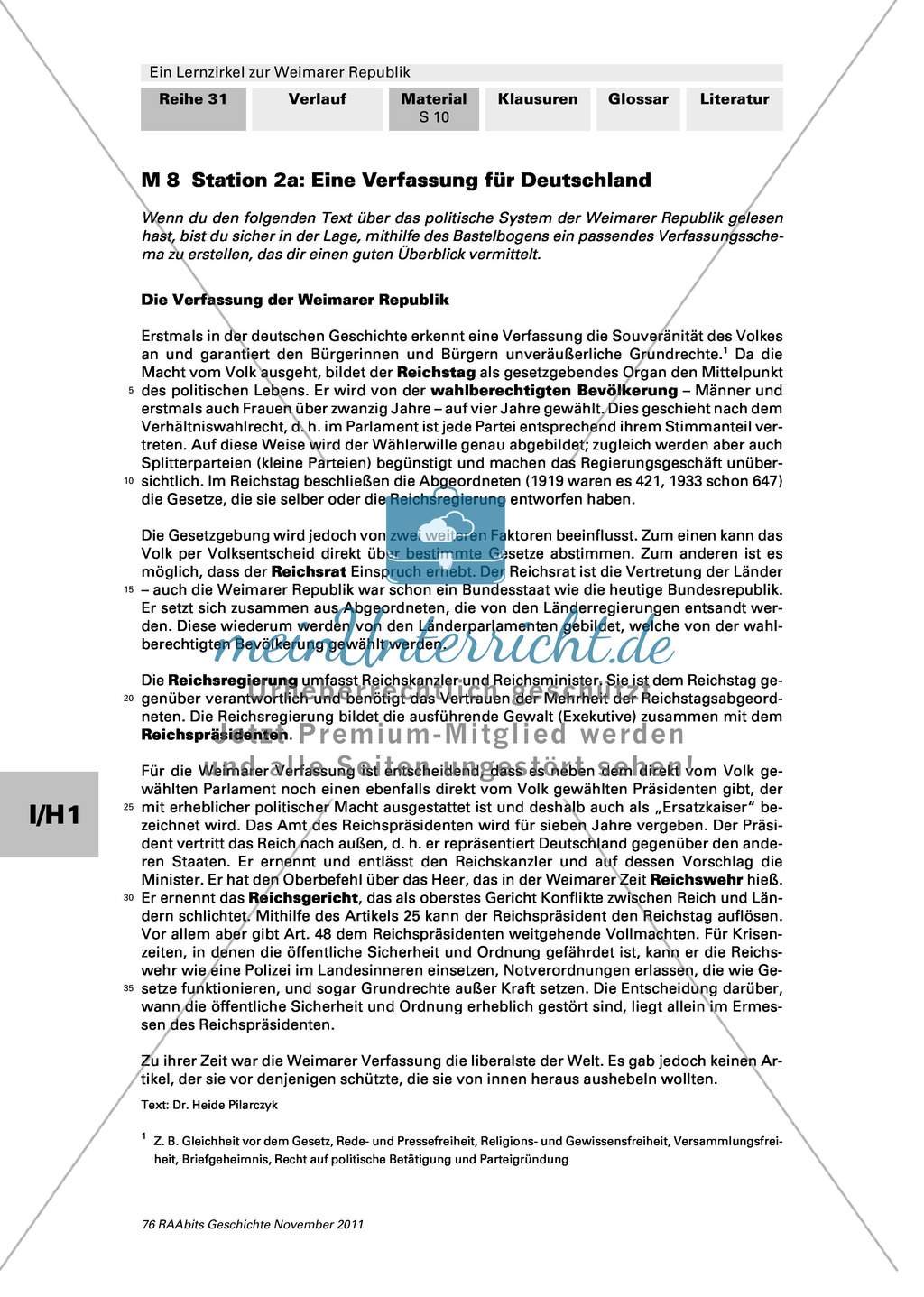 Lernzirkel zur Weimarer Republik und den Ursachen ihres Scheiterns: Station zur Verfassung der Weimarer Republik Preview 1