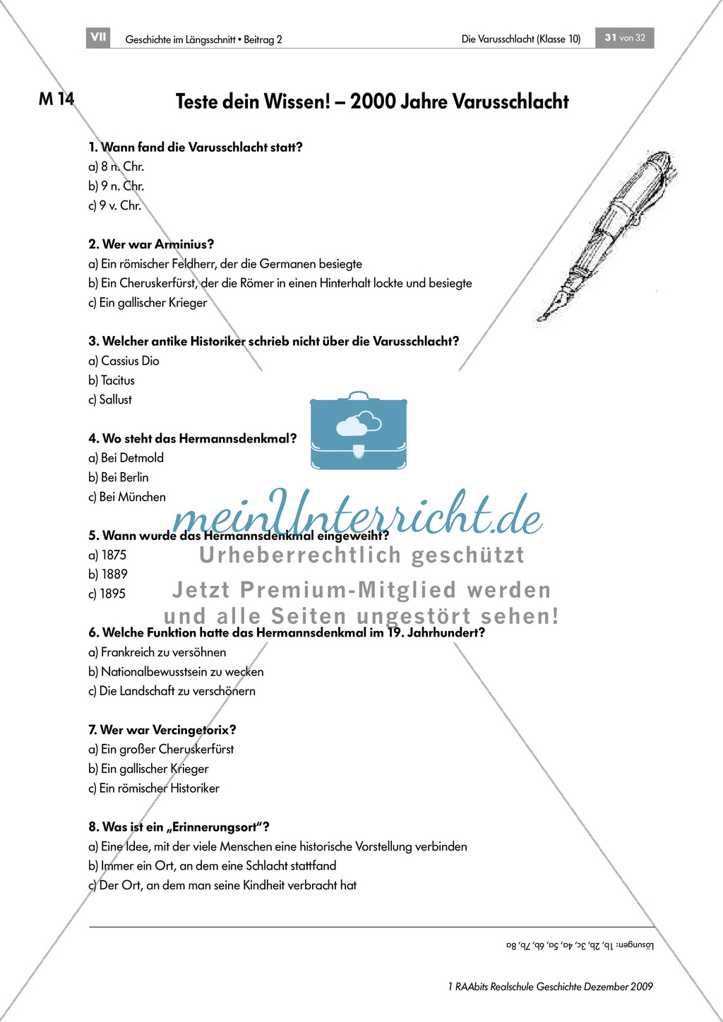 Die Varusschlacht: Lernerfolgskontrolle - Multiple-Choice-Test Preview 1