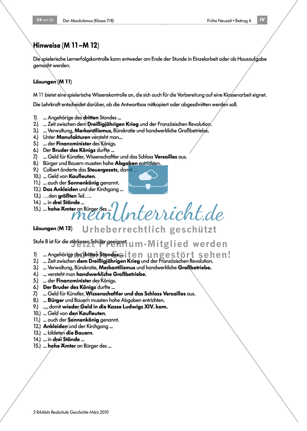 Der Absolutismus: Lernerfolgskontrolle: Lückentext und Fehlertext Preview 3