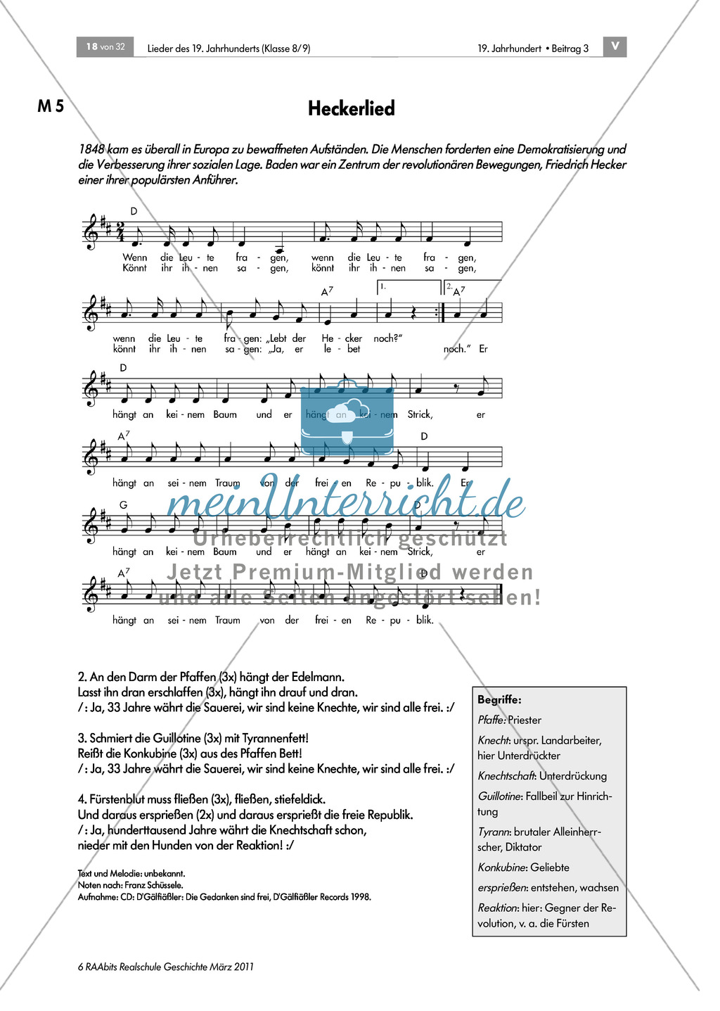 Lieder des 19. Jahrhunderts: Revolutionslied von 1848/49: "Heckerlied" + grafische Darstellung des Melodieverlaufs erstellen + Biografie Friedrich Hecker erarbeiten + Poster erstellen Preview 1