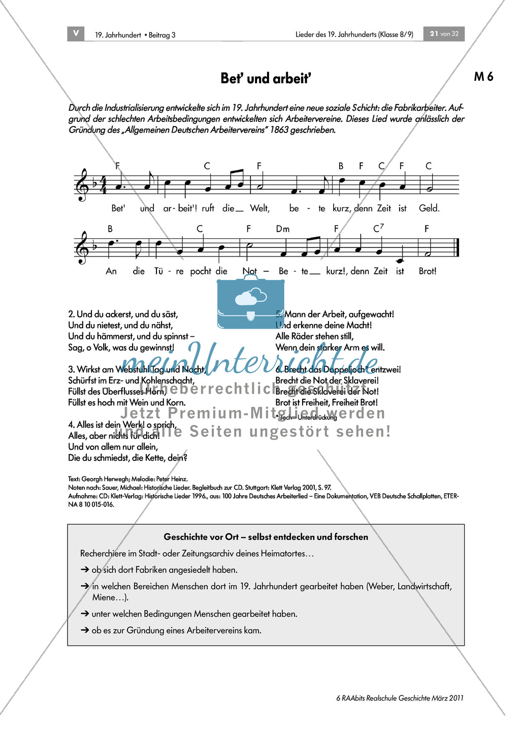 Lieder des 19. Jahrhunderts: Arbeiterlied zur Sozialen Frage: "Bet' und arbeit'" 1863 + Analyse des Liedtextes + Dialog schreiben Preview 1