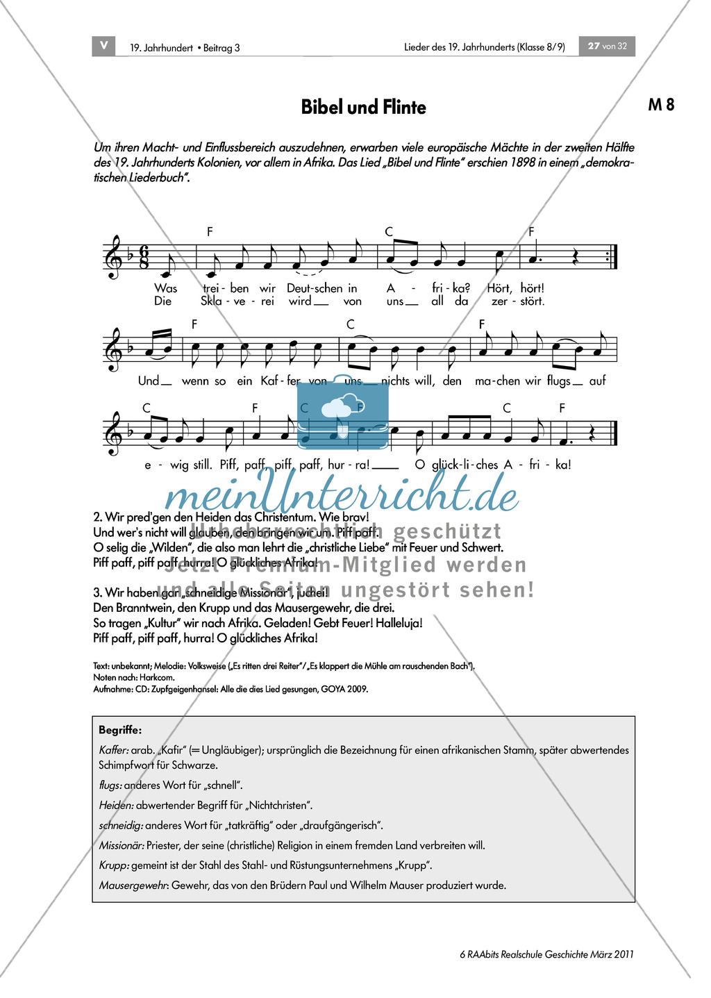 Lieder des 19. Jahrhunderts: Spottlied zum Kolonialismus: