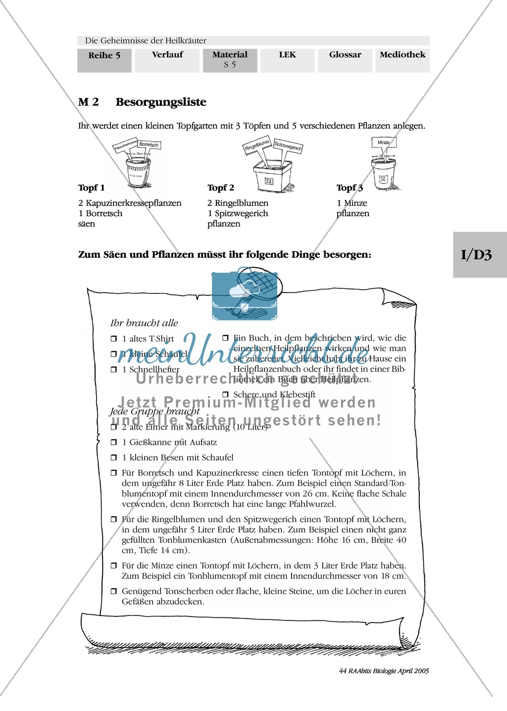 Säen und Pflanzen von Heilkräutern: Besorgungsliste, Gruppenarbeit, Kapuzinerkresse, Ringelblume, Spitzwegerich, Minze, Borretsch Preview 1
