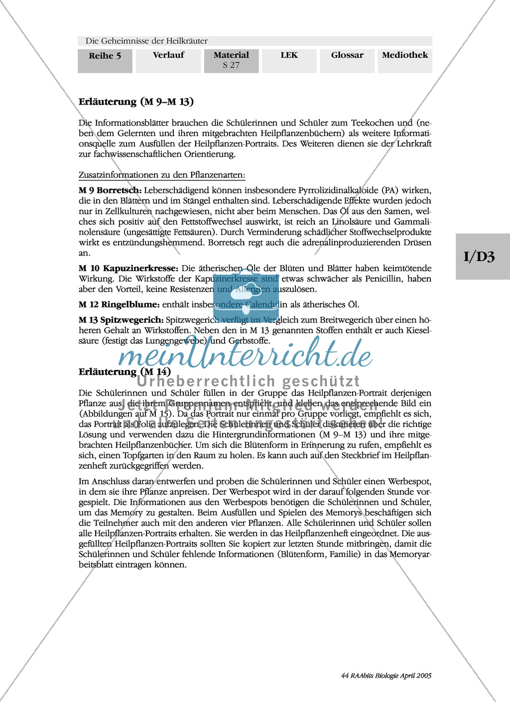 Heilpflanzenportraits: Gruppenarbeit, Texte, Ringelblume, Spitzwegerich, Kapuzinerkresse, Minze, Borretsch Preview 7