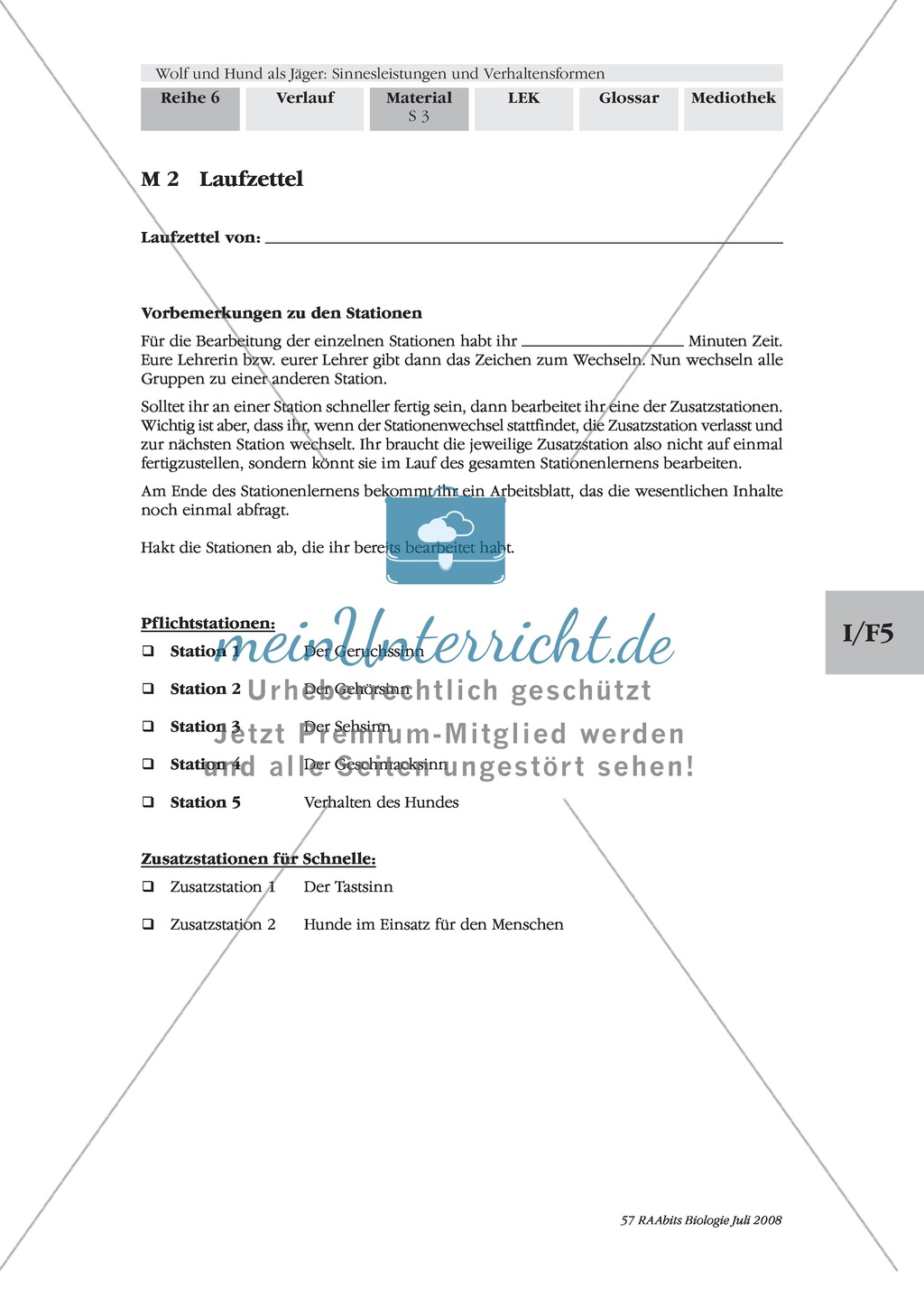 Vordruck eines Laufzettels zur Stationenarbeit zum Thema Sinnesleistungen und Verhaltensformen von Hund und Wolf Preview 1