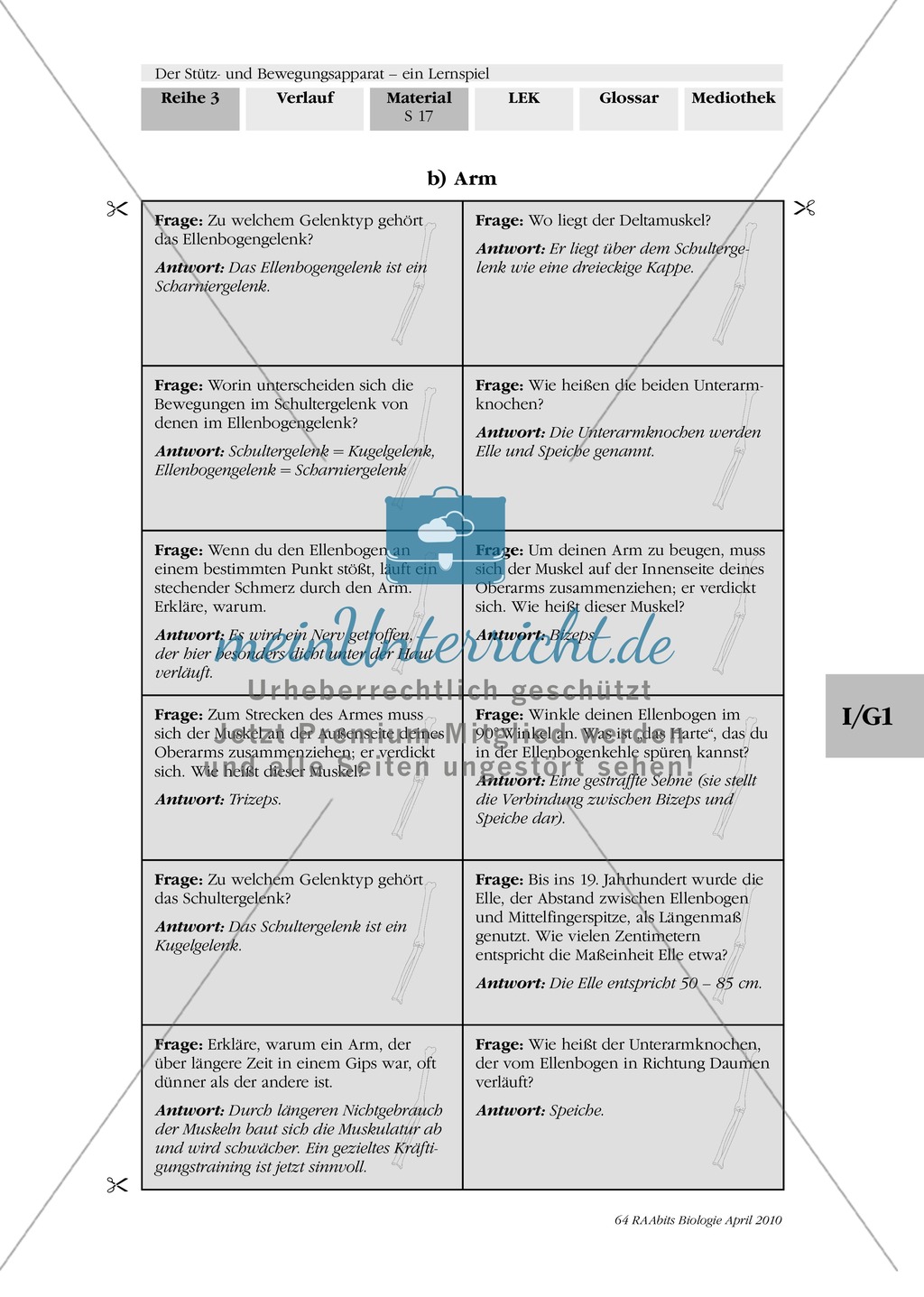 Lernspiel zum Stütz- und Bewegungsapparat: Spielanleitung, Spielfeld, Skelett-Puzzleteile, Fragen, Spielkarten, Röntgenbilder Kontrollbogen, Lösungsbogen Preview 16