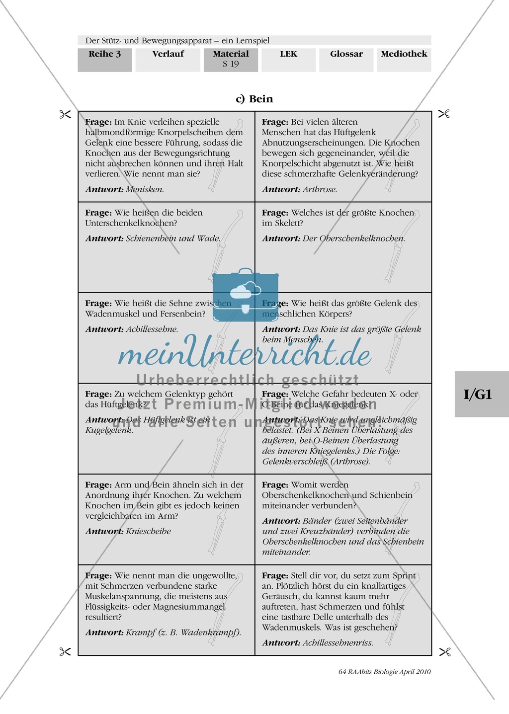 Lernspiel zum Stütz- und Bewegungsapparat: Spielanleitung, Spielfeld, Skelett-Puzzleteile, Fragen, Spielkarten, Röntgenbilder Kontrollbogen, Lösungsbogen Preview 18